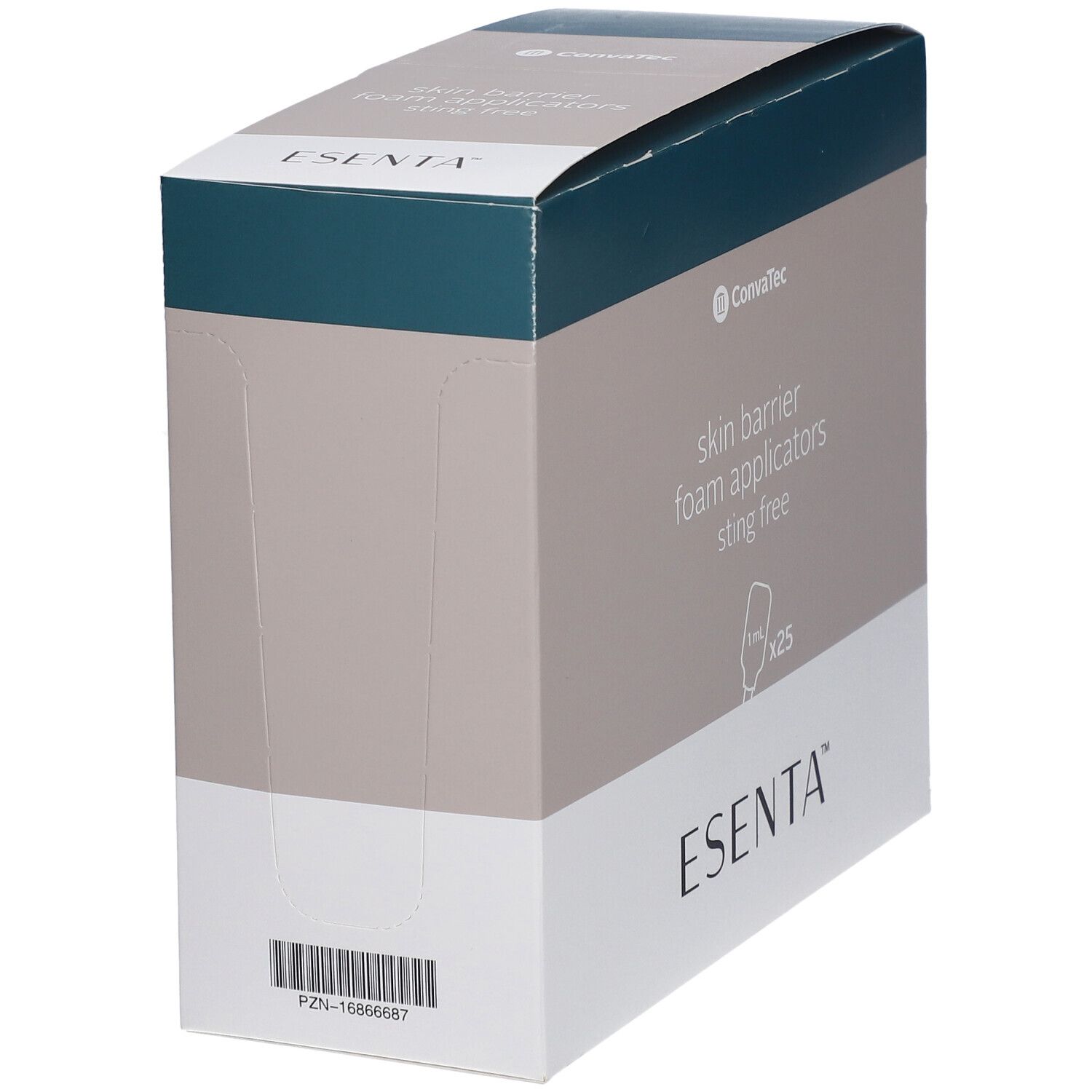 ESENTA Hautschutz Applikator-Verpackung. Seitenansicht. Text: skin barrier foam applicators sting free. Marke: ESENTA. Barcode.