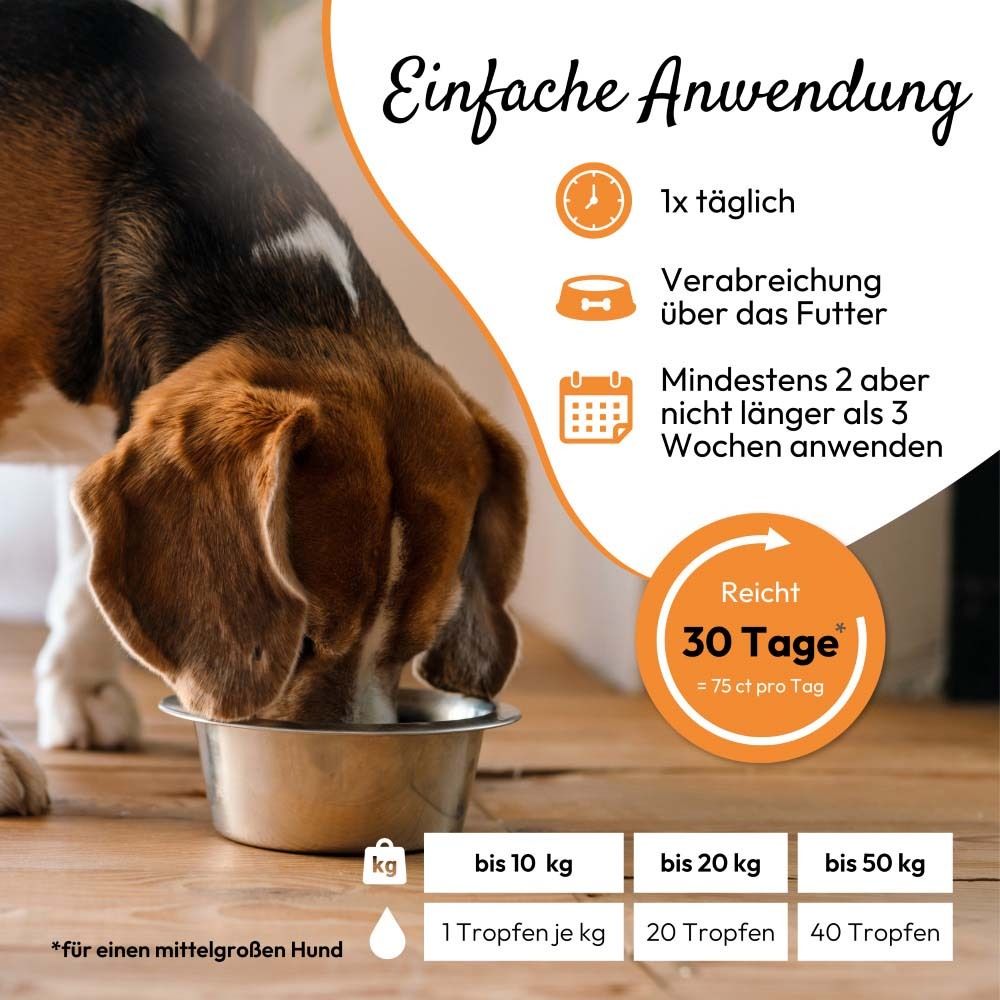Anwendungshinweise. Text: Einfache Anwendung. Dosierungstabelle für Hunde. Text: Reicht für 30 Tage.