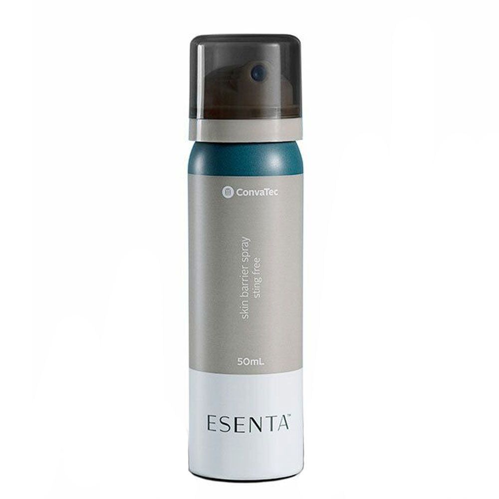 ESENTA™ Hautschutz-Spray. Flasche mit Sprühkopf. Marke Convatec. Farblich abgesetzt: Weiß, Grau, Türkis. 50ml.