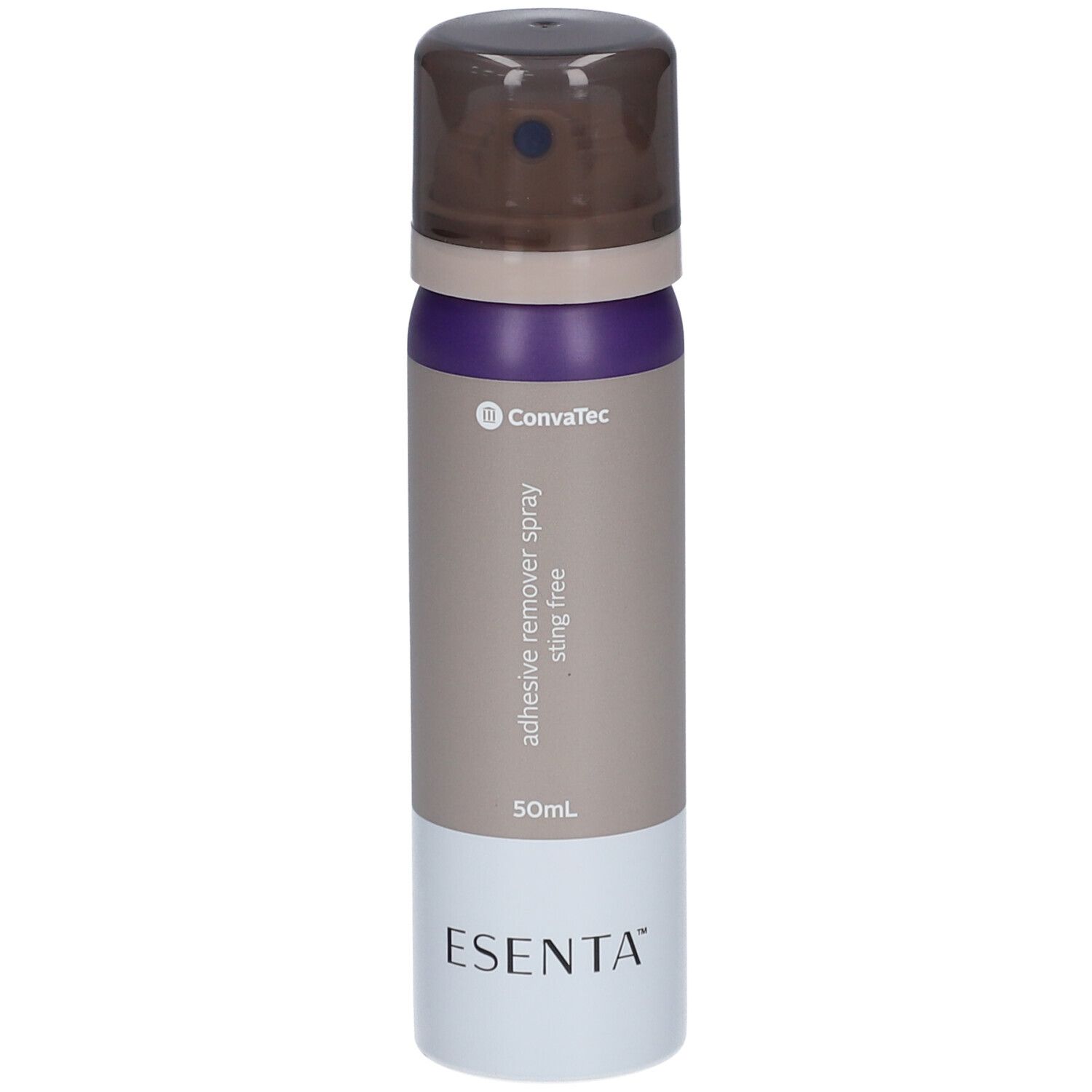 Zylindrische Sprühflasche. Farben: Braun, Lila, Grau und Weiß. Aufschrift: ESENTA, ConvaTec, adhesive remover spray sting free.