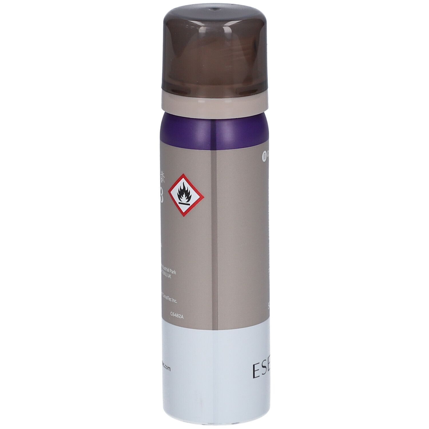 Zylindrische Sprühflasche. Farben: Braun, Lila, Grau und Weiß. Aufschrift: ESENTA. Piktogramm: Flamme. ConvaTec.
