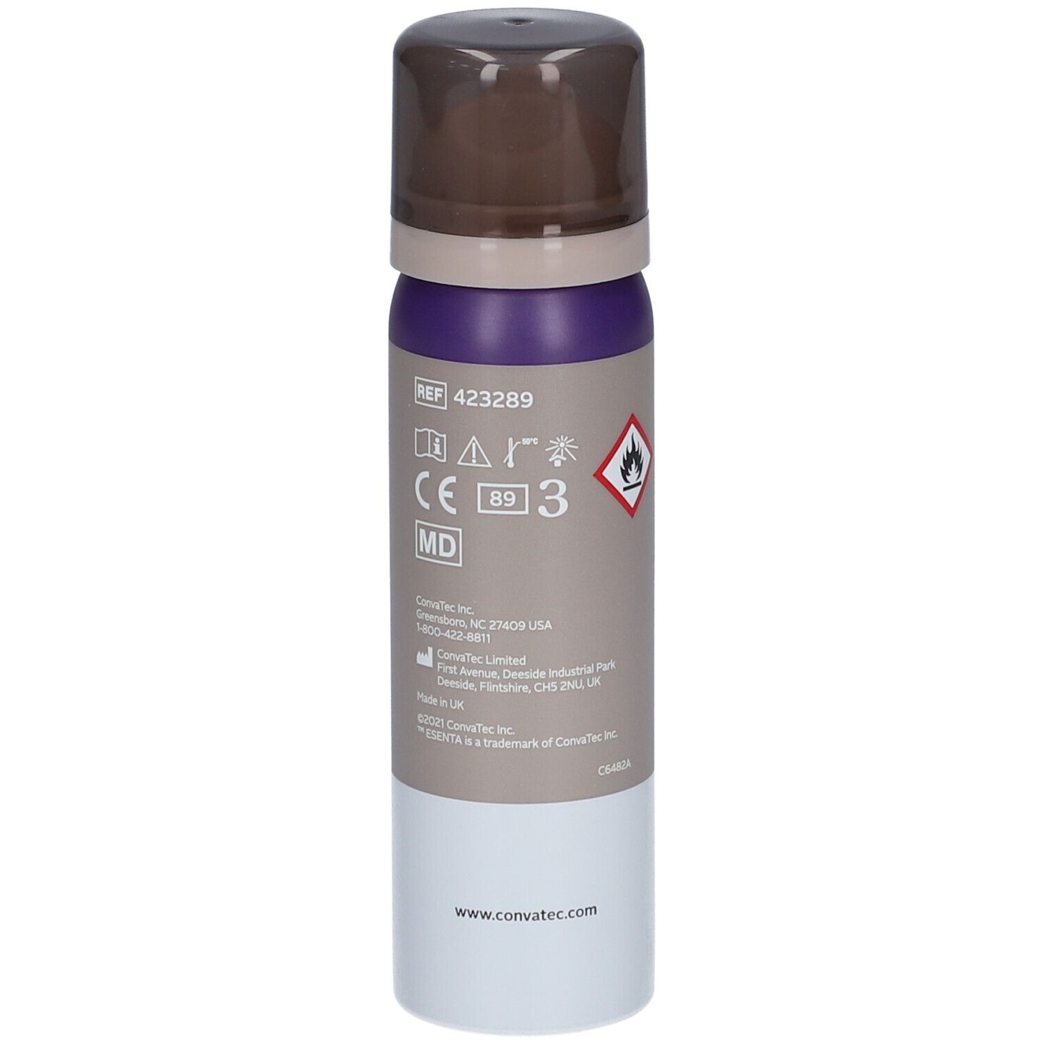 Zylindrische Sprühflasche. Farben: Braun, Lila, Grau und Weiß. Aufschrift: ESENTA. Piktogramme. CE-Kennzeichnung. ConvaTec.