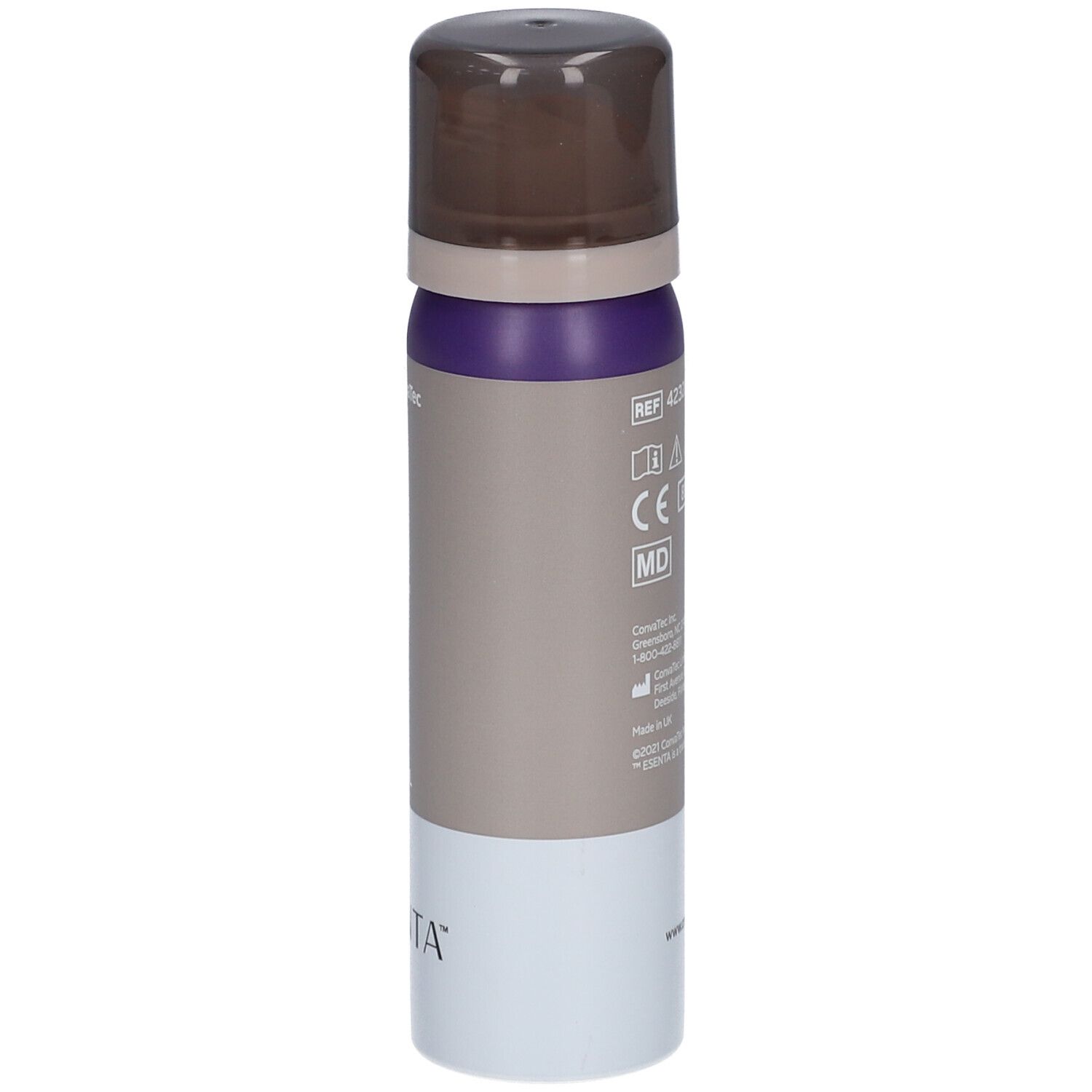 Zylindrische Sprühflasche. Farben: Braun, Lila, Grau und Weiß. Aufschrift: ESENTA. Piktogramme. CE-Kennzeichnung. ConvaTec.
