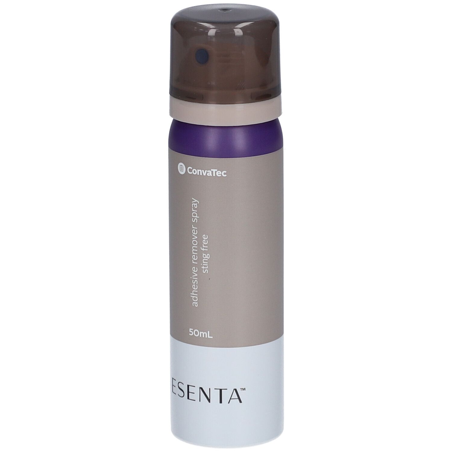 Zylindrische Sprühflasche. Farben: Braun, Lila, Grau und Weiß. Aufschrift: ESENTA, ConvaTec, adhesive remover spray sting free.