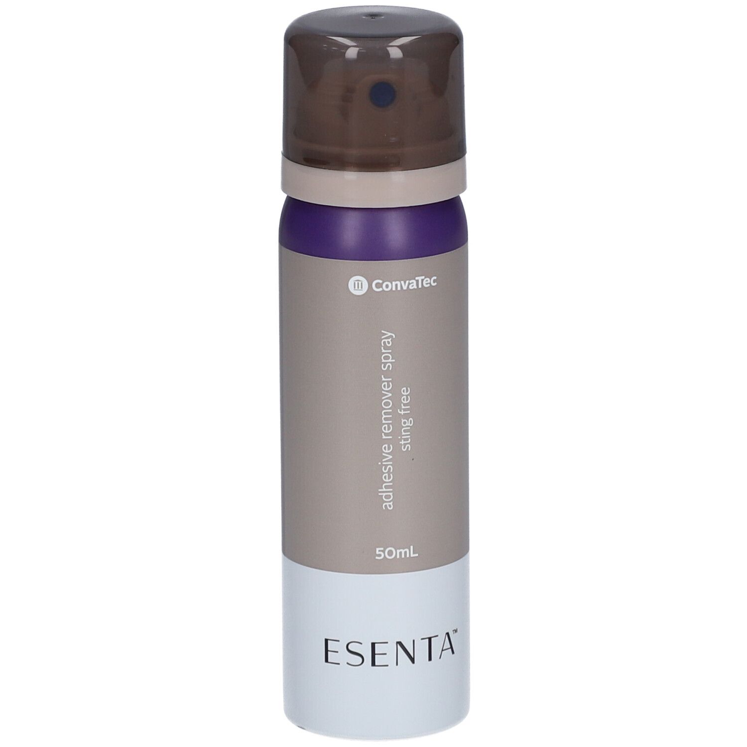 Zylindrische Sprühflasche. Farben: Braun, Lila, Grau und Weiß. Aufschrift: ESENTA, ConvaTec, adhesive remover spray sting free.