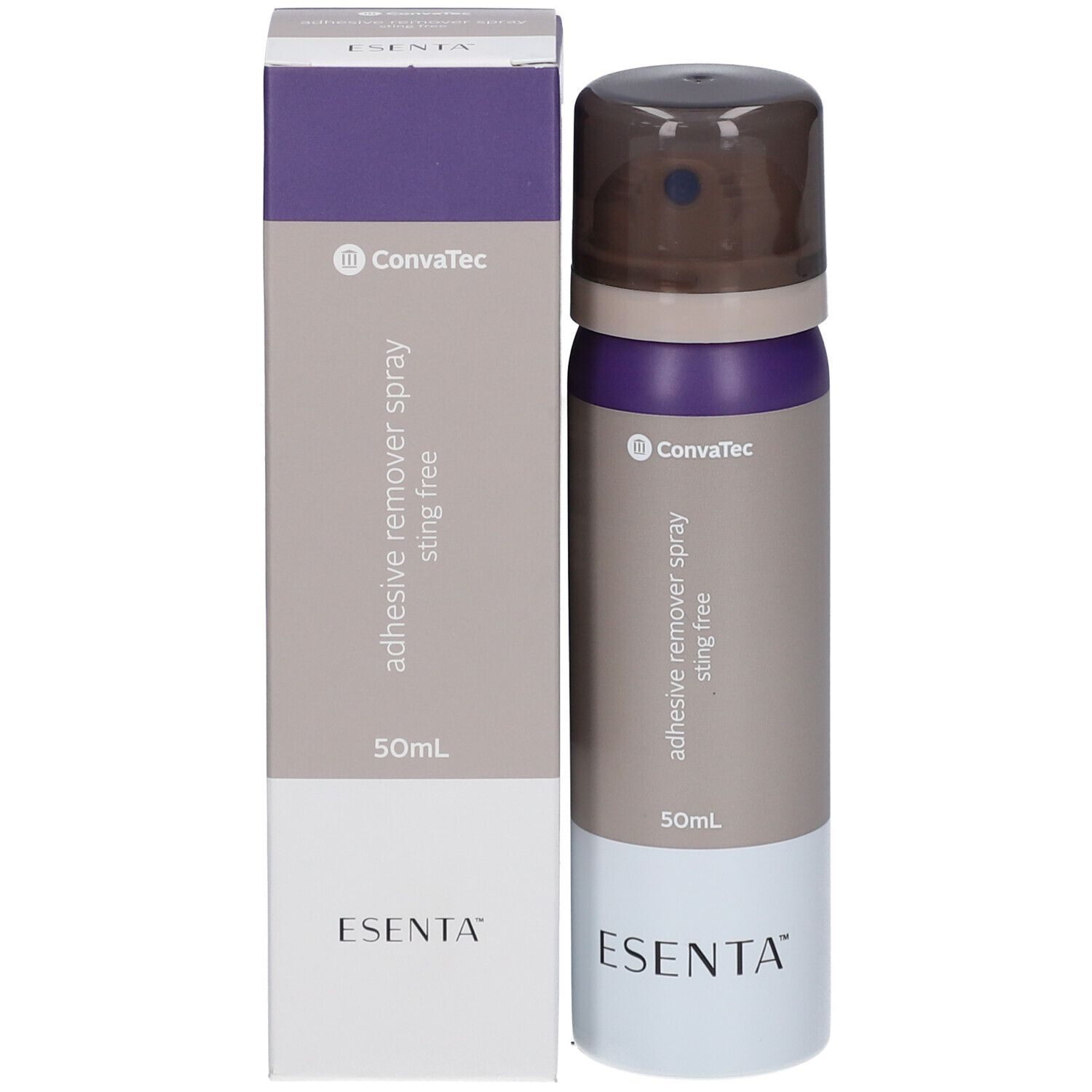 Produkt und Verpackung. Sprühflasche und Karton. Farben: Braun, Lila, Grau, Weiß. Aufschrift: ESENTA, ConvaTec, adhesive remover spray sting free.