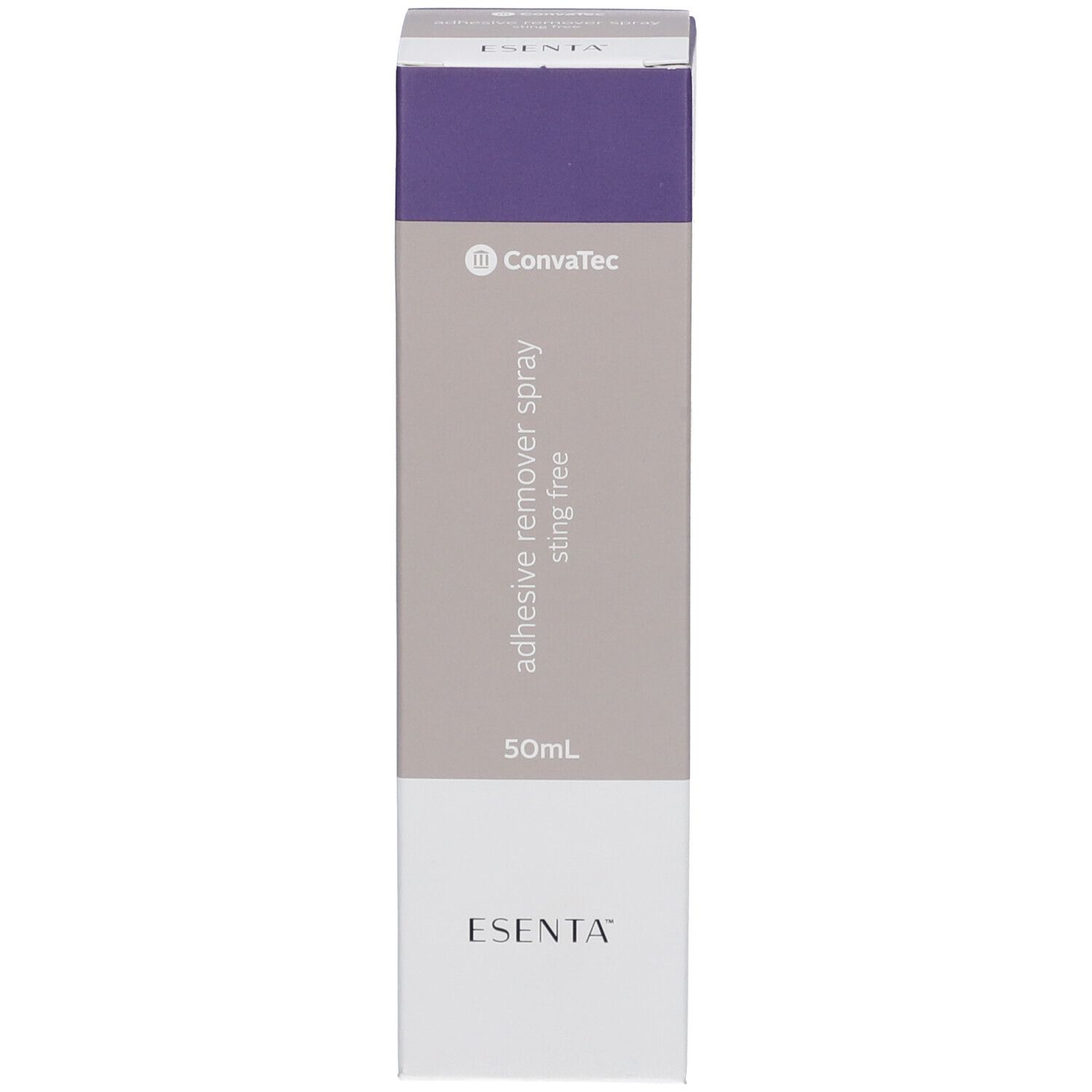 Karton. Farben: Lila, Grau, Weiß. Aufschrift: ESENTA, ConvaTec, adhesive remover spray sting free.