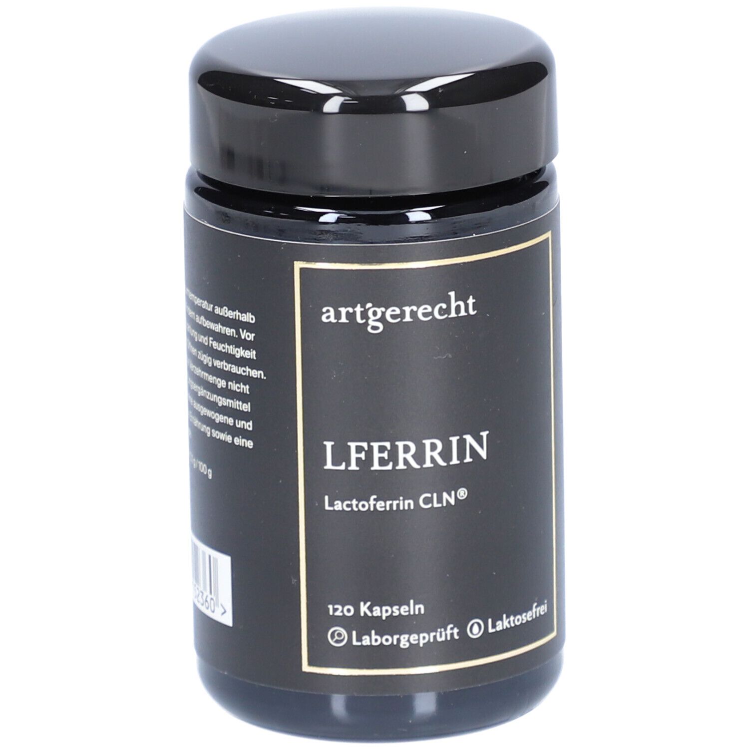 Schwarze Dose mit goldfarbenem Etikett. Aufschrift: art'gerecht L'FERRIN, 120 Kapseln, Laborgeprüft, Laktosefrei.