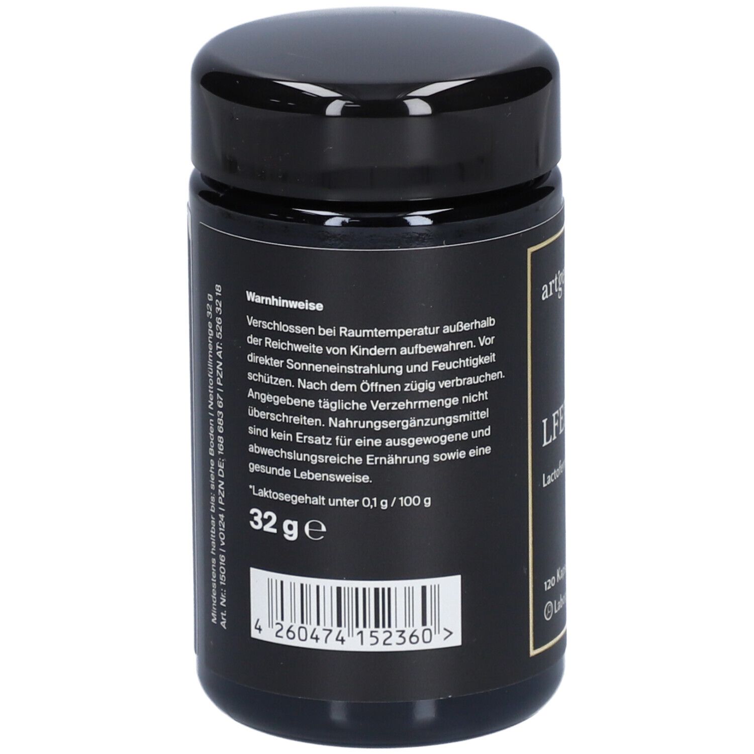 Rückseite einer schwarzen Dose. Text: Warnhinweise, 32 g, Barcode. Aufschrift: art'gerecht L'FERRIN, 120 Kapseln, Laktosefrei.