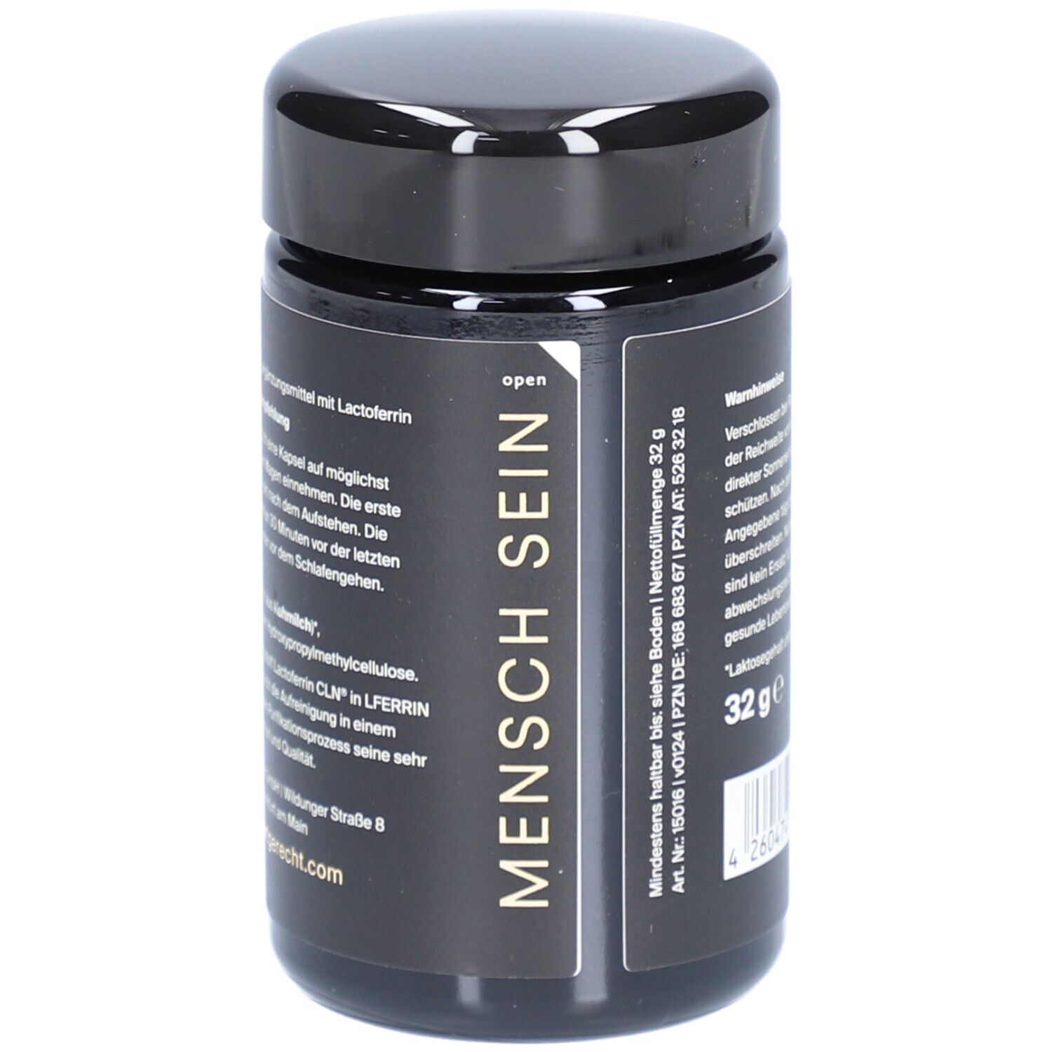 Schwarze Dose mit Text: MENSCH SEIN. Aufschrift: art'gerecht, 32 g. Text: Mindestens haltbar bis, Art.Nr. 15008, PZN AT: 526 32 18.
