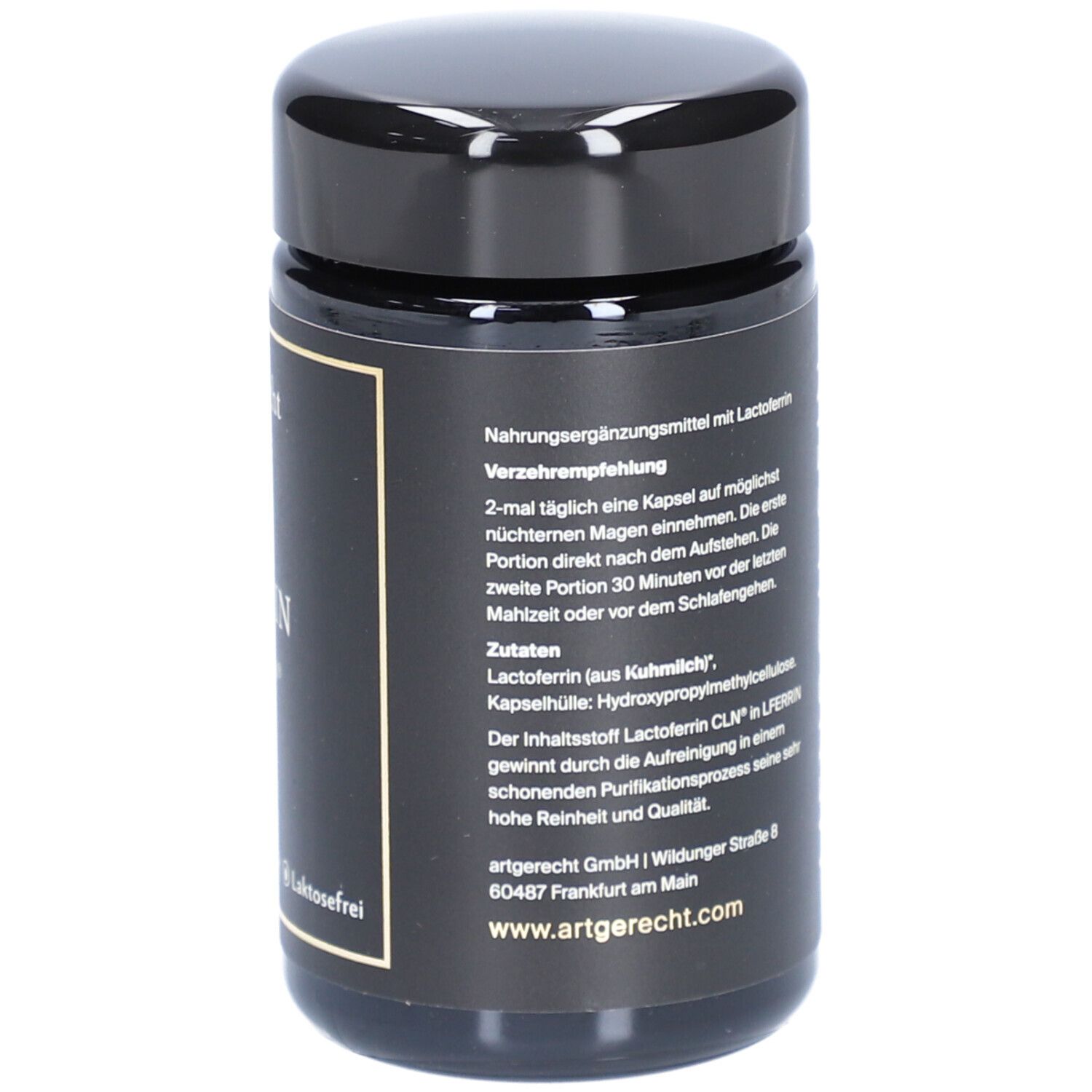 Schwarze Dose mit Text. Aufschrift: art'gerecht, L'FERRIN, 120 Kapseln, Laktosefrei. Text: Verzehrempfehlung, Zutaten, artgerecht GmbH.