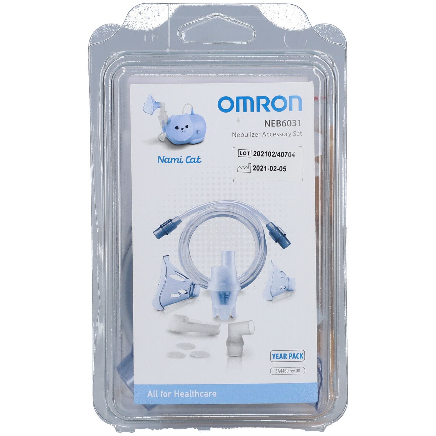 OMRON Nami Cat Year Pack. Blisterverpackung mit Zubehör für Inhalationsgerät. Enthält Maske, Schlauch, Mundstück und weitere Teile.
