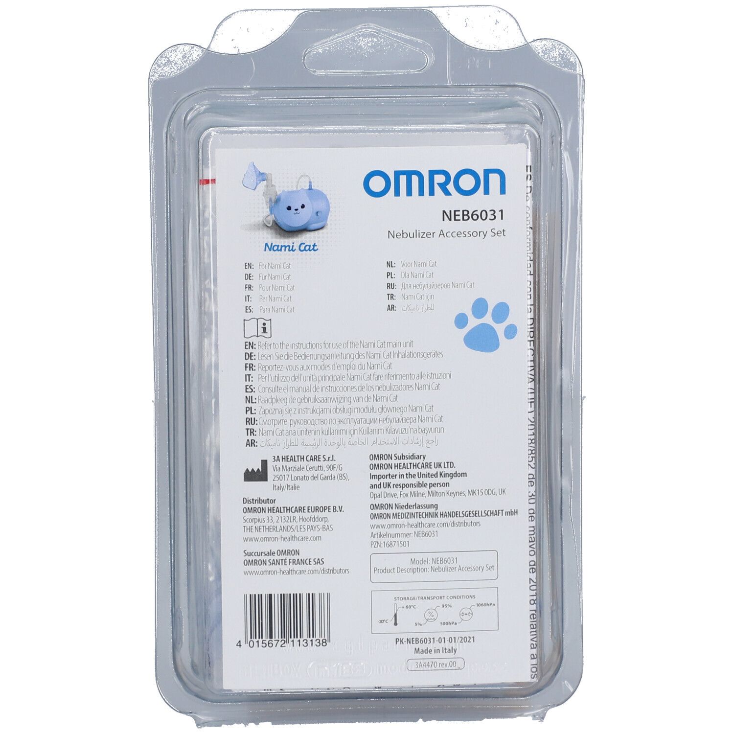 Rückseite der OMRON Nami Cat Year Pack Verpackung. Text in mehreren Sprachen, Pfotenabdruck-Symbol, Produktinformationen und Barcode.