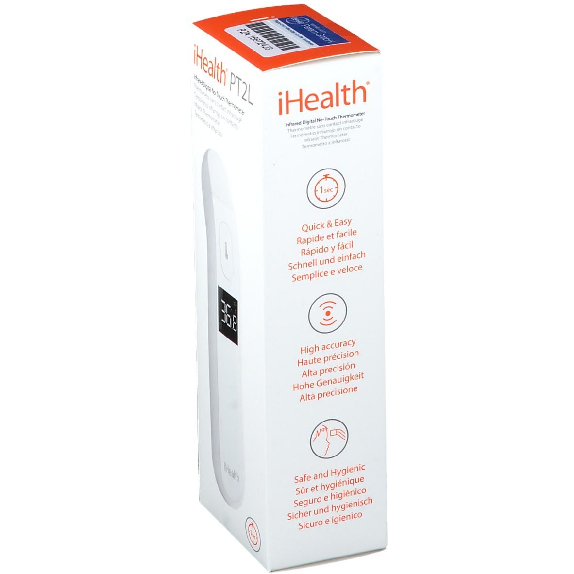 iHealth PT2L Infrarot-Thermometer Verpackung. Text: Schnell & Einfach, Hohe Präzision, Sicher & Hygienisch. Logo iHealth.