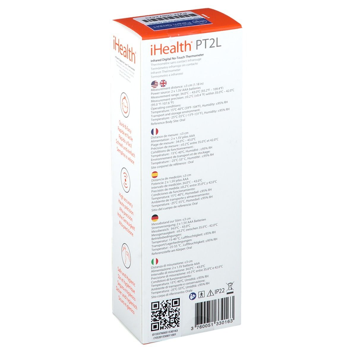 Rückseite der iHealth PT2L Verpackung. Text in mehreren Sprachen. QR-Code und technische Daten. Logo iHealth.