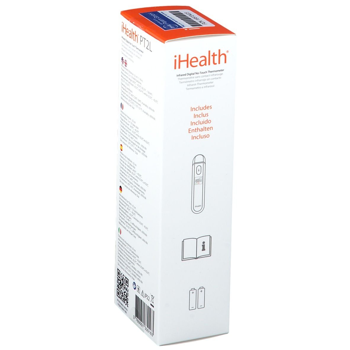 iHealth PT2L Verpackung. Abbildungen des Thermometers, der Anleitung und Batterien. Logo iHealth.