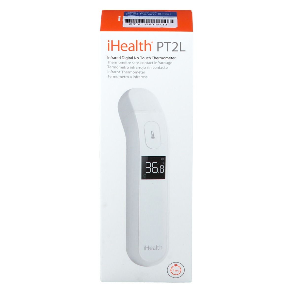 iHealth PT2L Infrarot-Thermometer in Verpackung. Weißes Gerät mit Display. Temperaturanzeige 36.8. Logo iHealth.