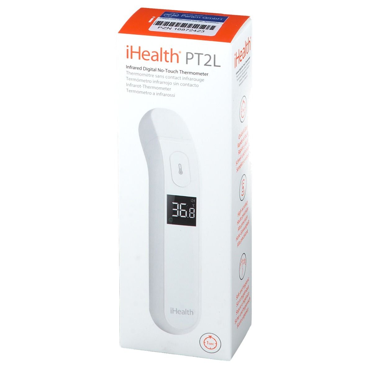 iHealth PT2L Infrarot-Thermometer in Verpackung. Weißes Gerät mit Display. Temperaturanzeige 36.8. Logo iHealth.