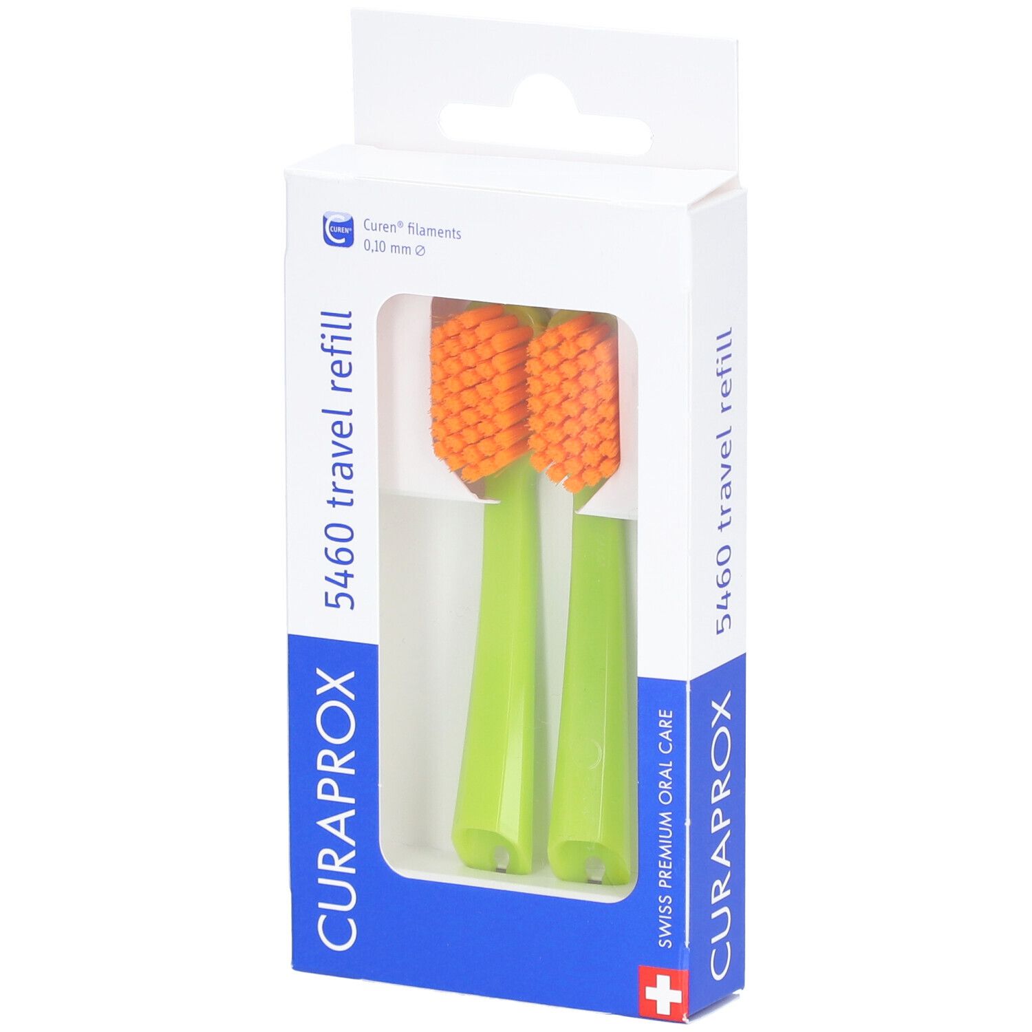 Zahnbürsten-Nachfüllpackung. Zwei grüne Griffe mit orangefarbenen Borsten. Verpackung mit Produktnamen und Marke.