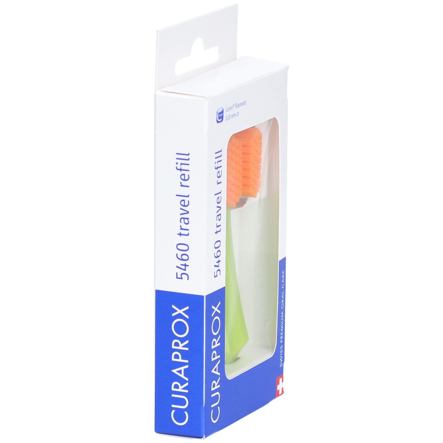 Zahnbürsten-Nachfüllpackung. Ein grüner Griff mit orangefarbenen Borsten. Verpackung mit Produktnamen und Marke.