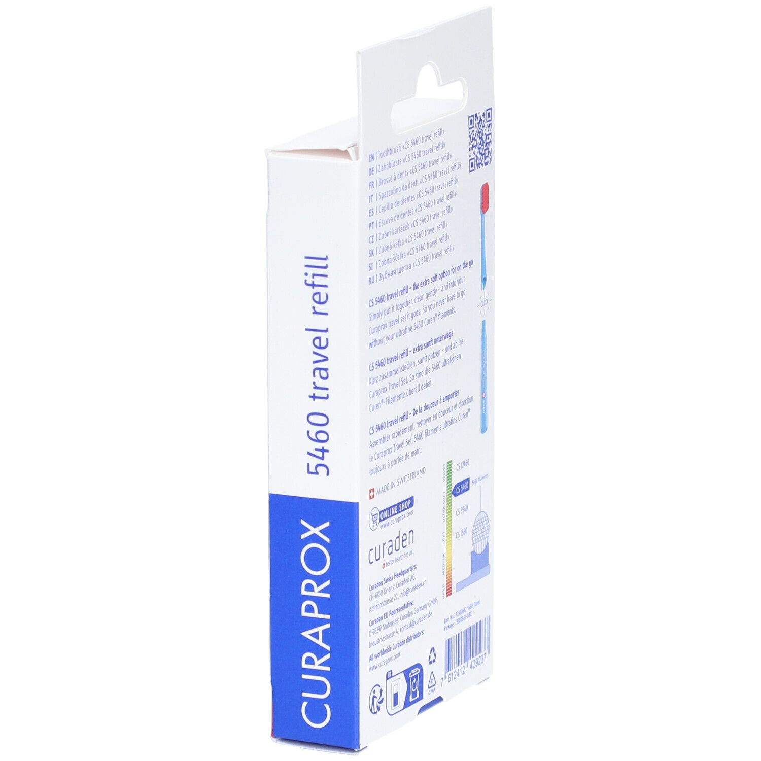 Rückseite der Zahnbürsten-Nachfüllpackung. Textinformationen, QR-Code, Produktabbildung und Markenlogo.