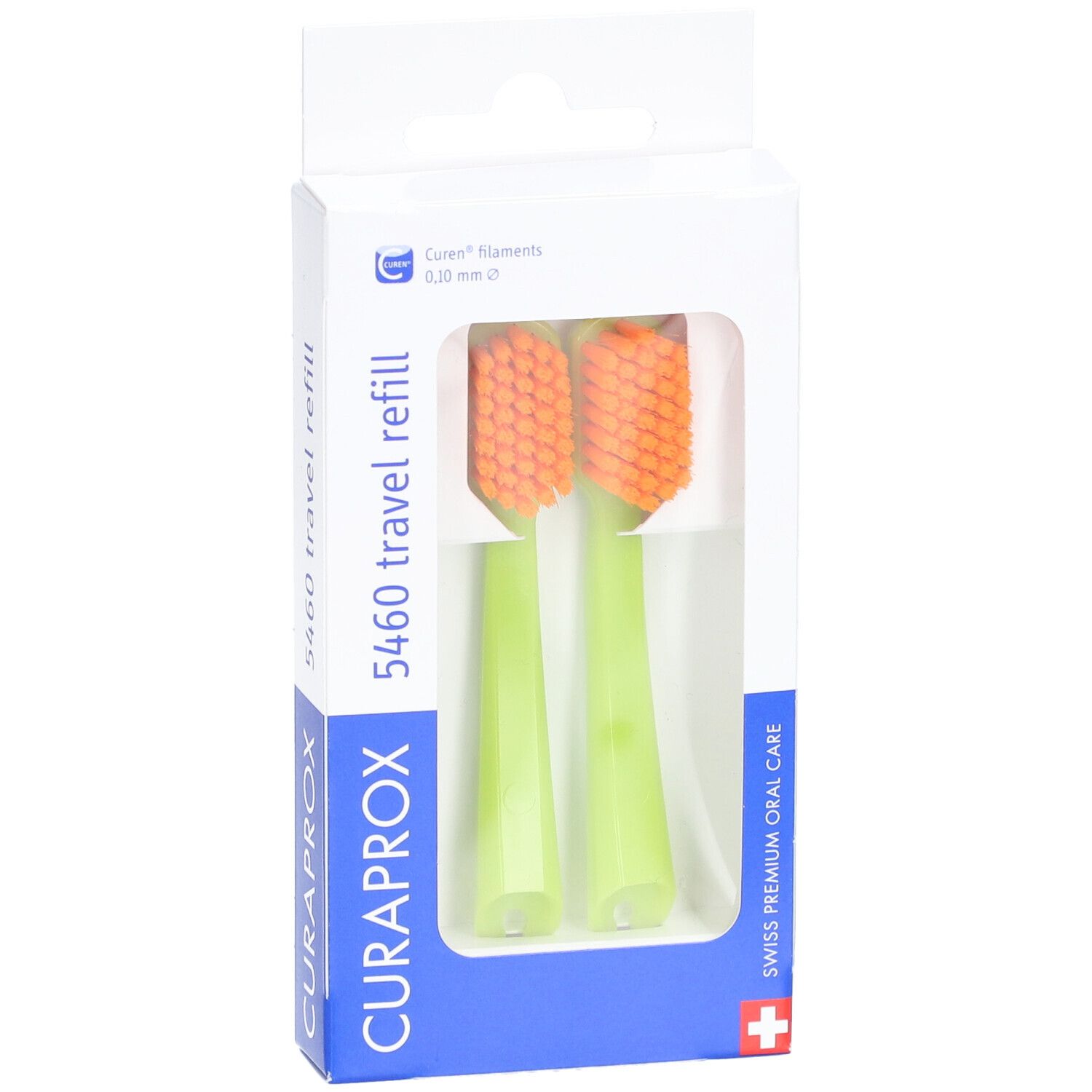 Zahnbürsten-Nachfüllpackung. Zwei grüne Griffe mit orangefarbenen Borsten. Verpackung mit Produktnamen und Marke.