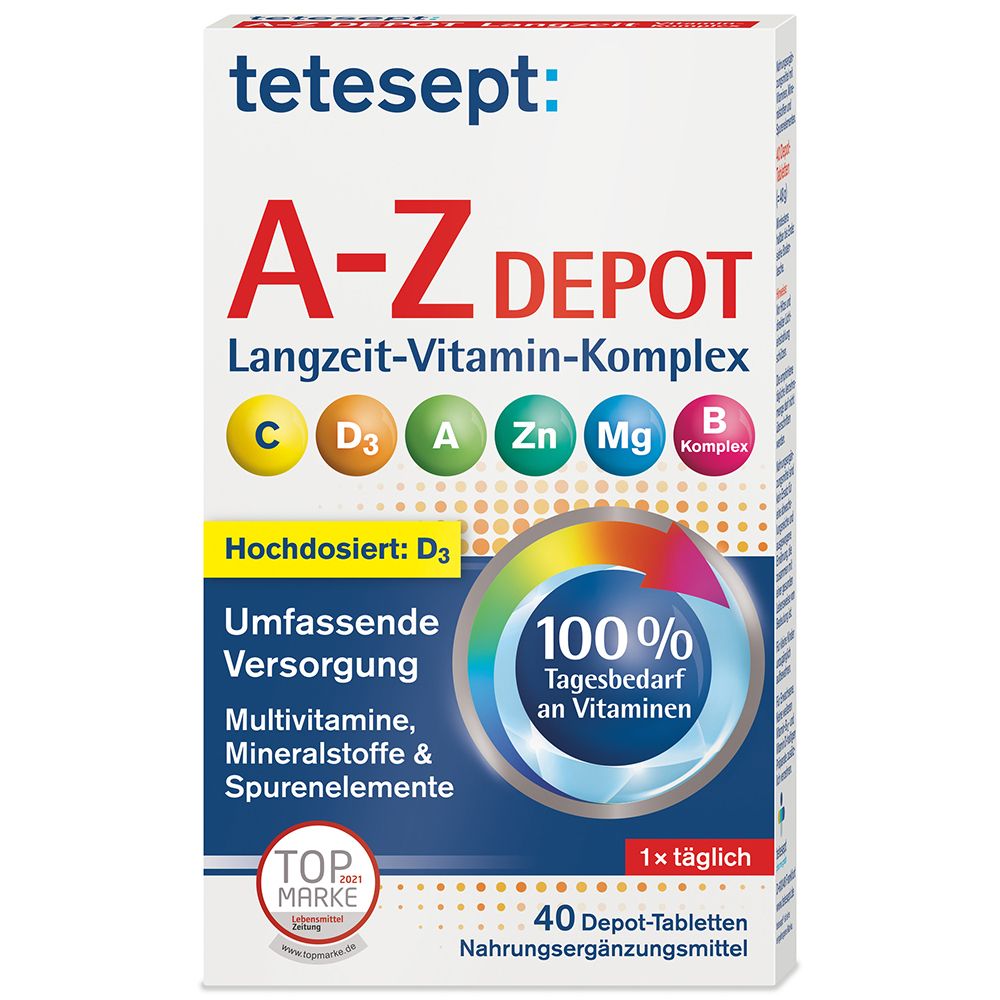 tetesept A-Z DEPOT Langzeit-Vitamin-Komplex. Verpackung mit Produktinformationen und Logos. Enthält 40 Depot-Tabletten.