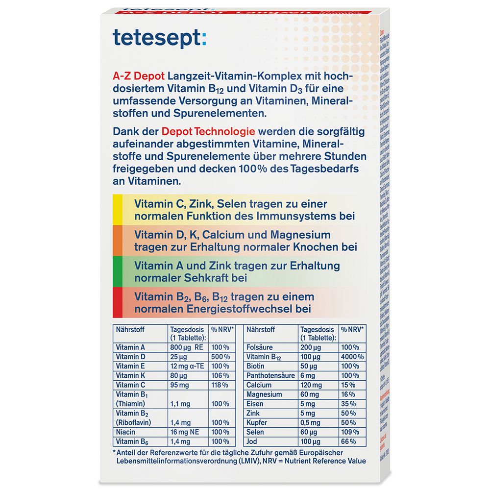 Rückseite der tetesept A-Z DEPOT Verpackung. Enthält Nährwertangaben und Informationen zu Inhaltsstoffen und Vitaminen.