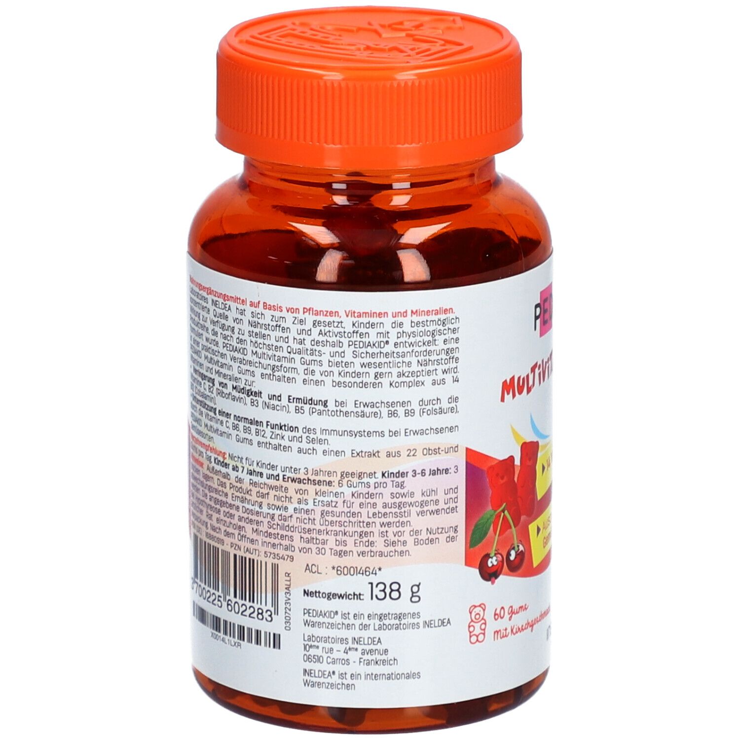 Braune Plastikflasche mit orangefarbenem Deckel. Rückseite mit Text und Nährwertangaben. Gewicht: 138g.