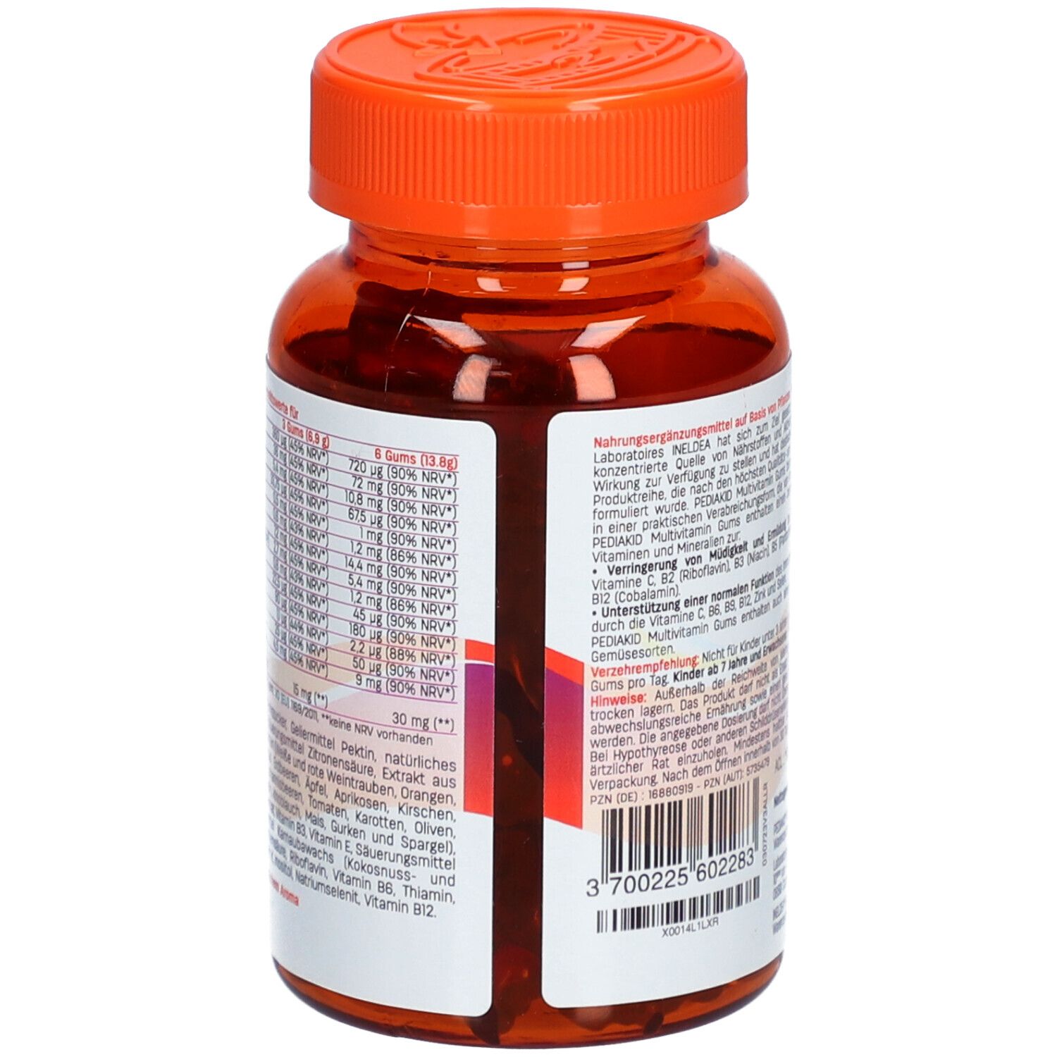Braune Plastikflasche mit orangefarbenem Deckel. Rückseite mit Text und Nährwertangaben. Barcode.