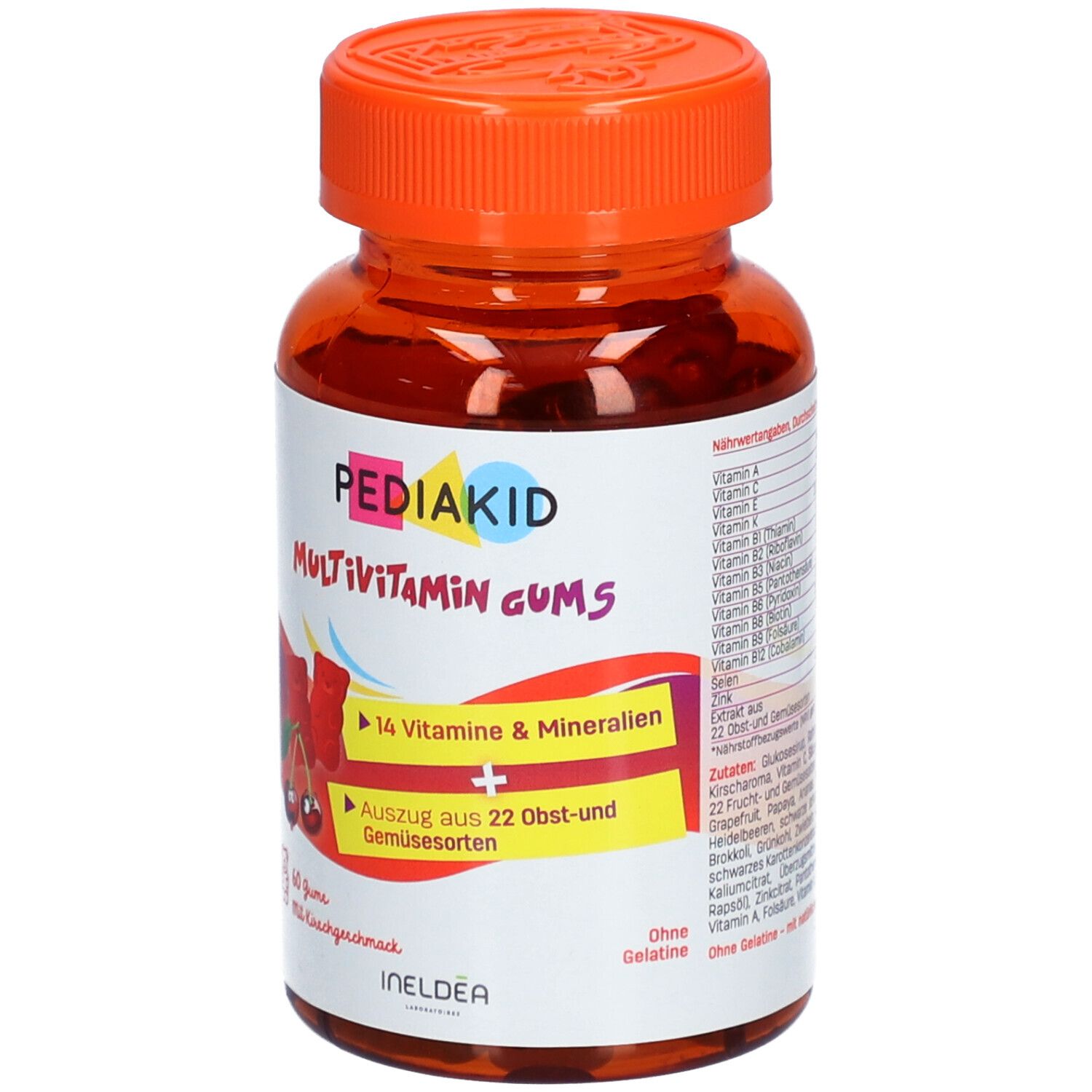 Braune Plastikflasche mit orangefarbenem Deckel. Etikett mit Produktnamen und Gummibärchen-Illustration. 60 Gums.