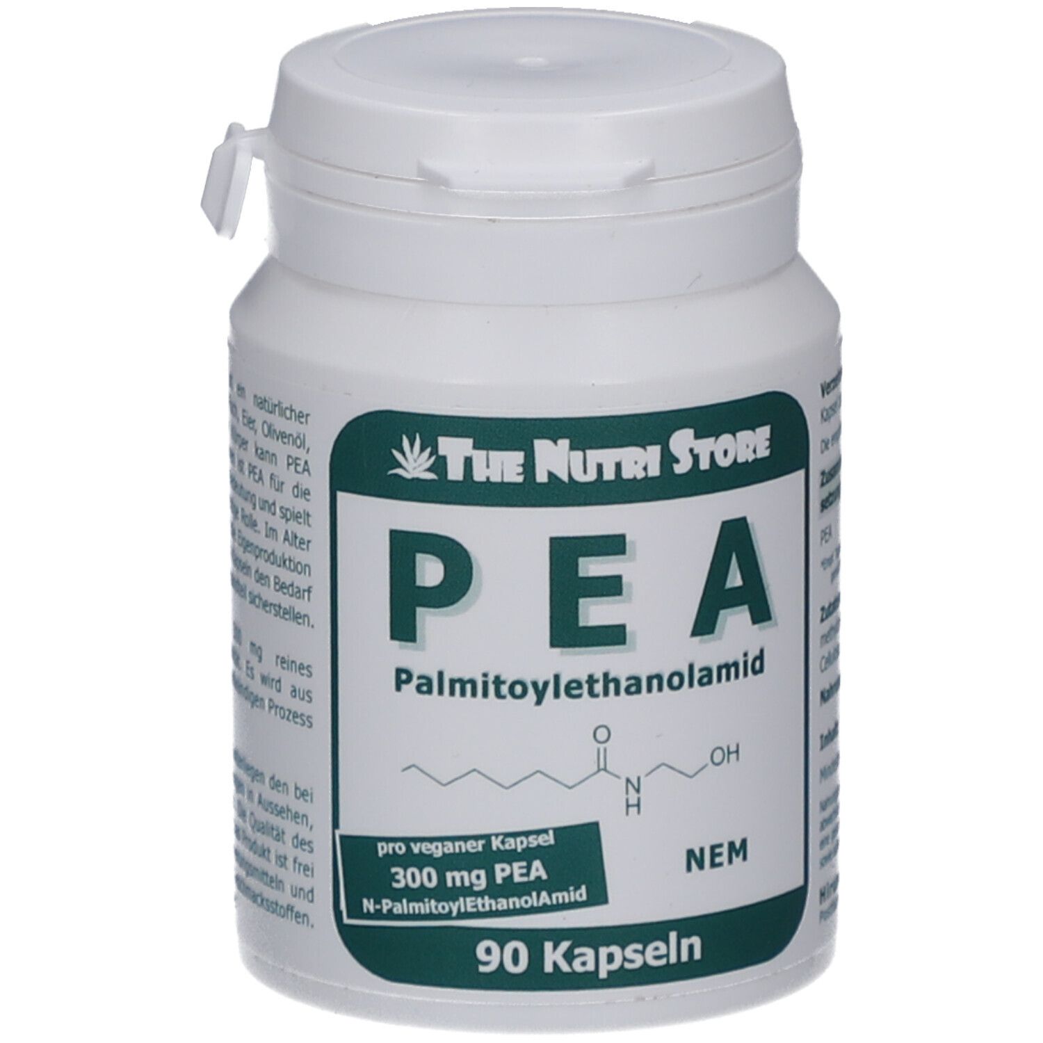 Weiße Dose mit grünem Etikett. Aufschrift: PEA, Palmitoylethanolamid, 300 mg PEA, 90 Kapseln. Marke: The Nutri Store.