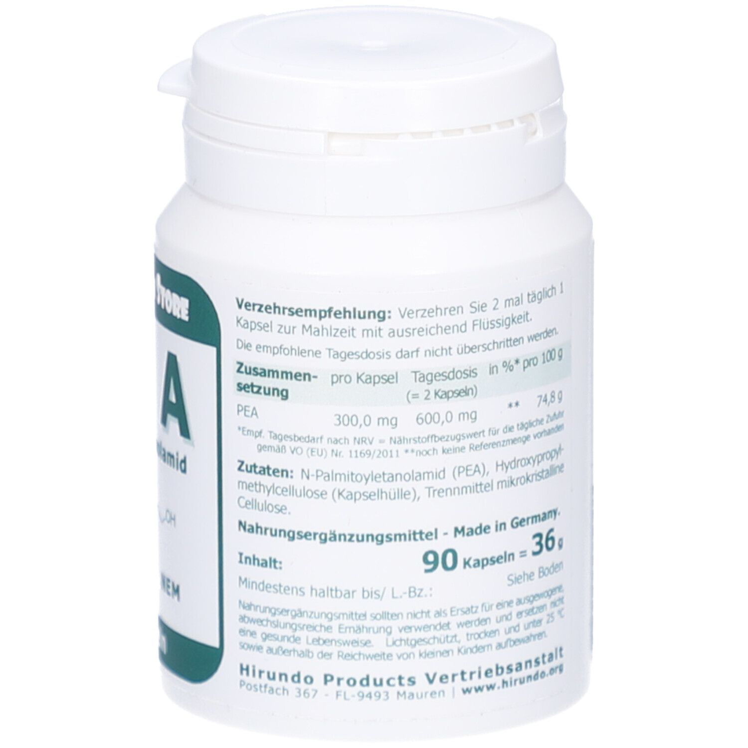 Weiße Dose mit grünem Etikett. Text über Dosierung und Inhaltsstoffe. 90 Kapseln. Marke: The Nutri Store.