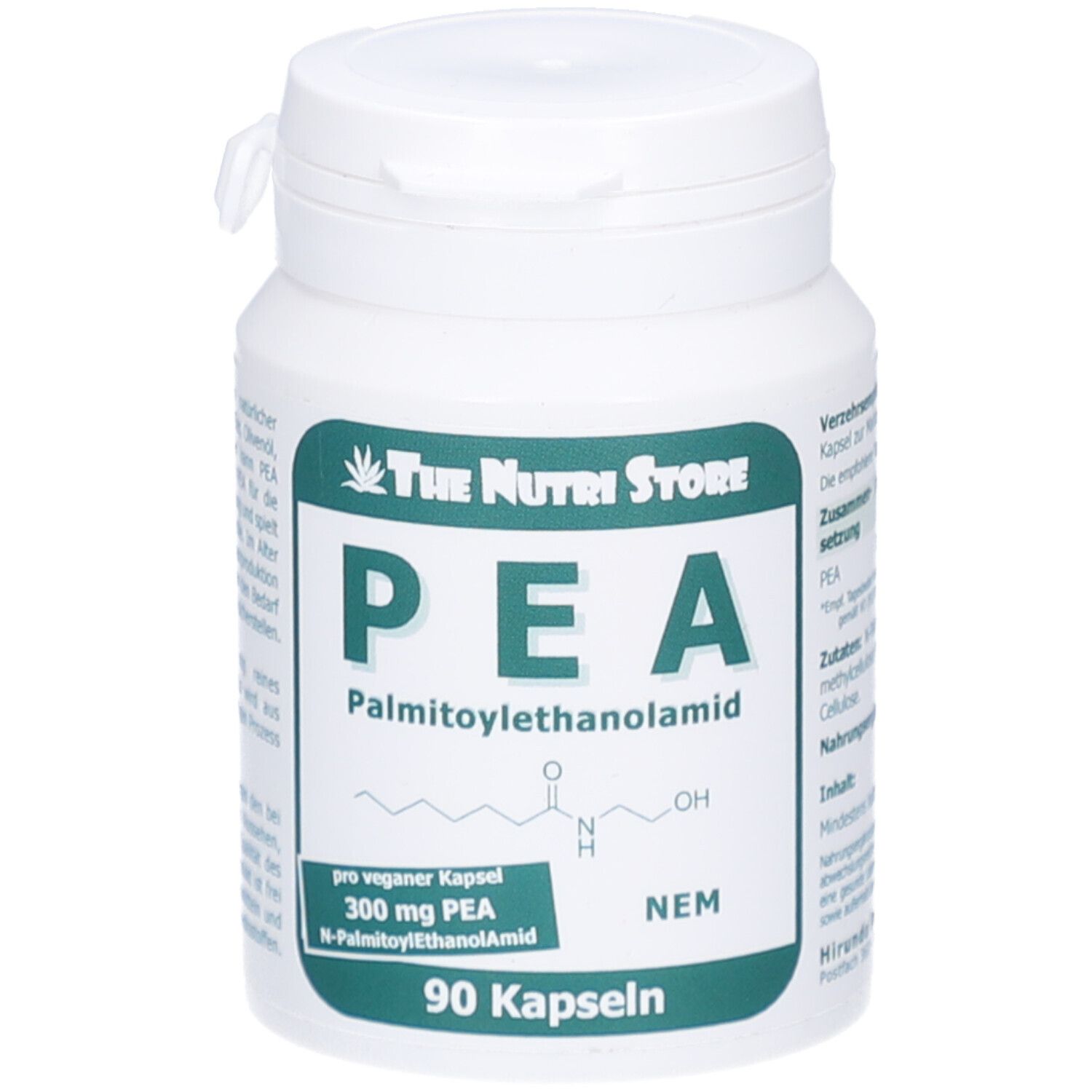 Weiße Dose mit grünem Etikett. Aufschrift: PEA, Palmitoylethanolamid, 300 mg PEA, 90 Kapseln. Marke: The Nutri Store.