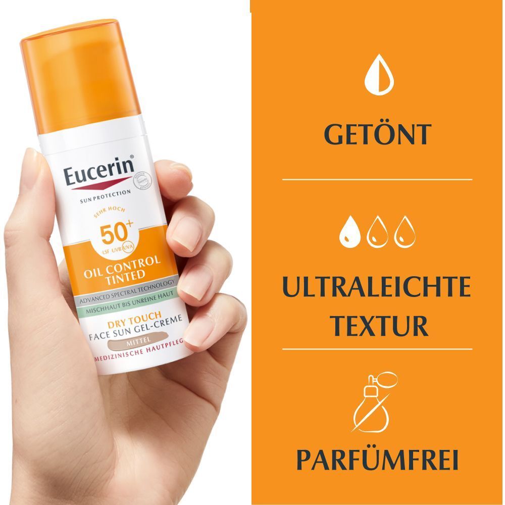 Eucerin® Oil Control Tinted Face Sun Gel-Creme mit LSF 50+ – getönter Sonnenschutz für fettige und unreine Haut – Mittel