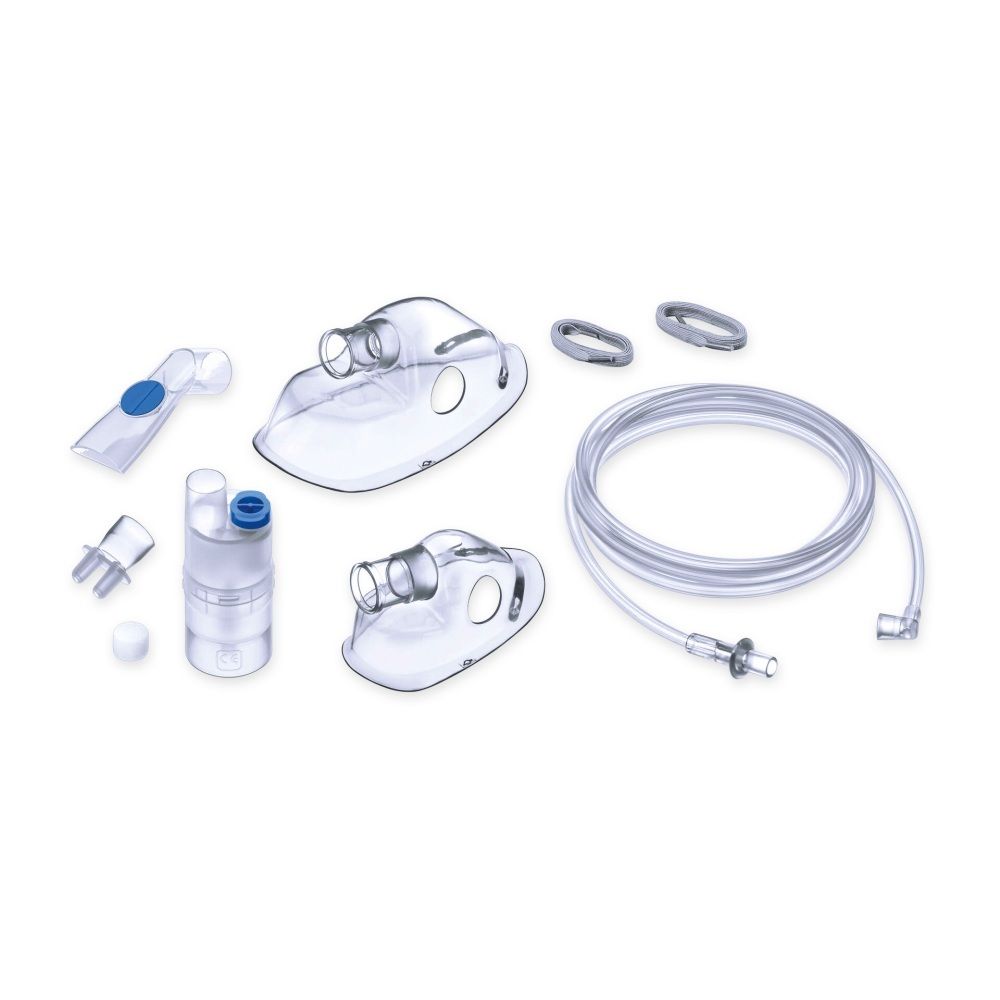 Zubehör für den EMSER® Inhalator Pro: Masken, Mundstück, Vernebler, Schlauch und Ringe.