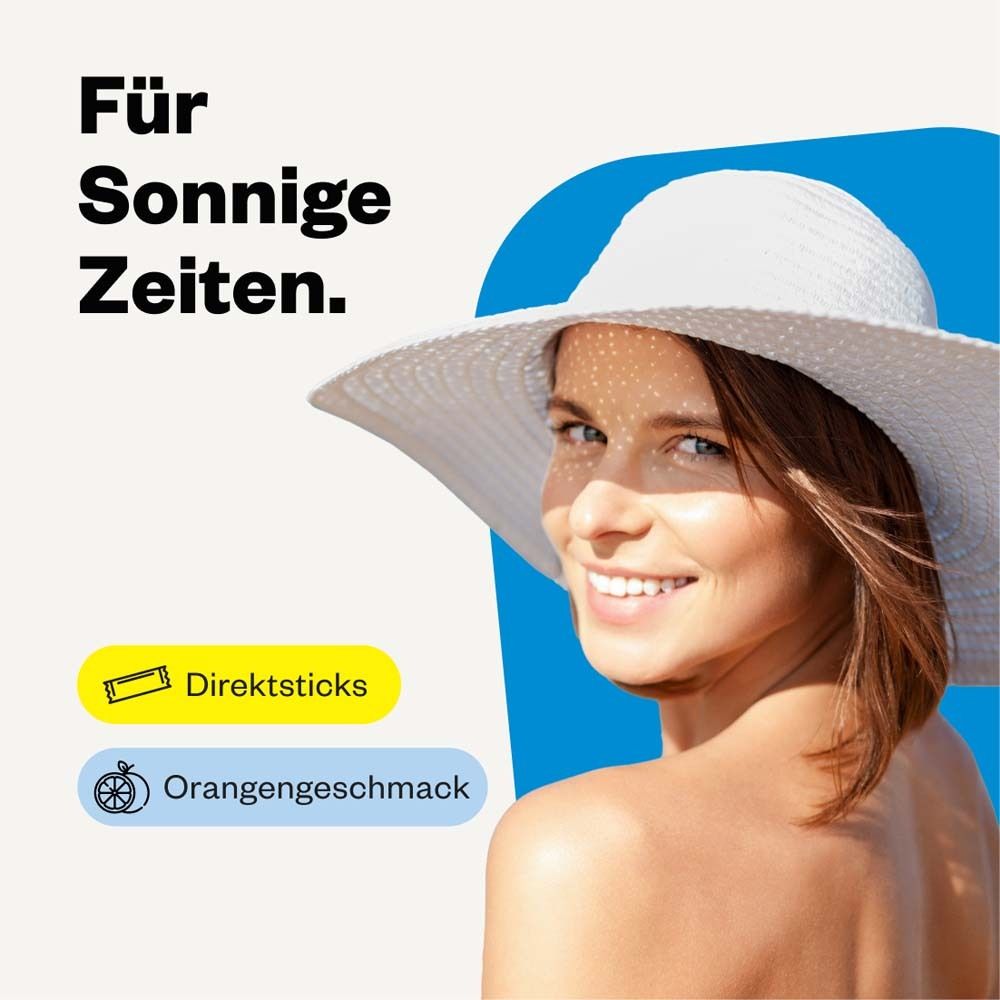 Frau mit Sonnenhut. Text: Für sonnige Zeiten. Direktsticks und Orangengeschmack.