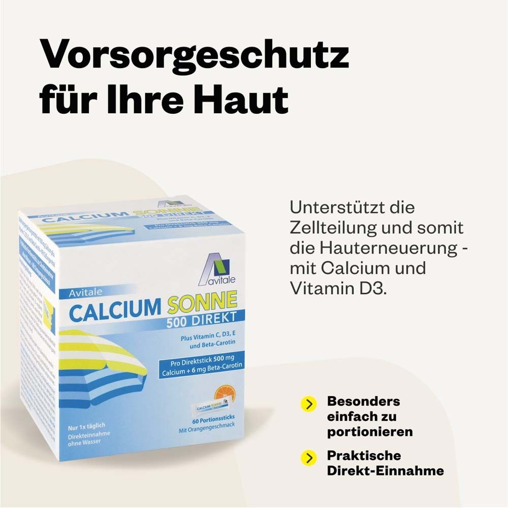 Karton CALCIUM SONNE 500 DIREKT. Text: Vorsorgeschutz für Ihre Haut. Unterstützt die Zellteilung mit Calcium und Vitamin D3.