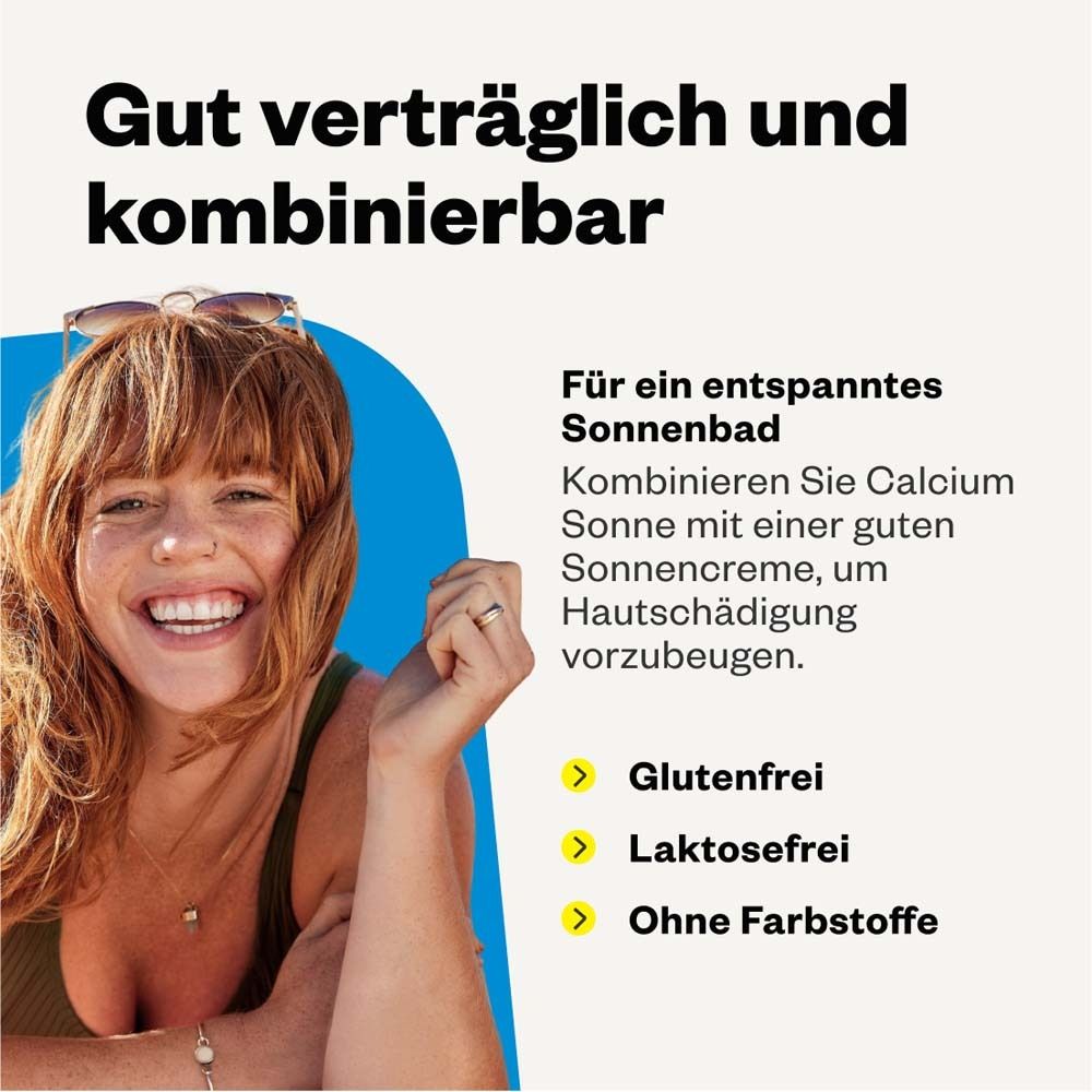 Frau lächelt. Text: Gut verträglich und kombinierbar. Glutenfrei, laktosefrei, ohne Farbstoffe.