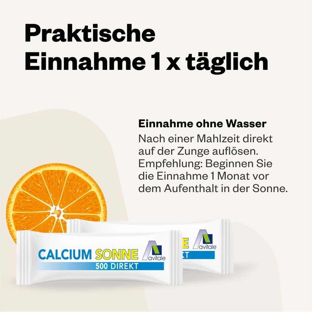 Zwei Sticks CALCIUM SONNE 500 DIREKT. Text: Praktische Einnahme 1x täglich. Einnahme ohne Wasser.