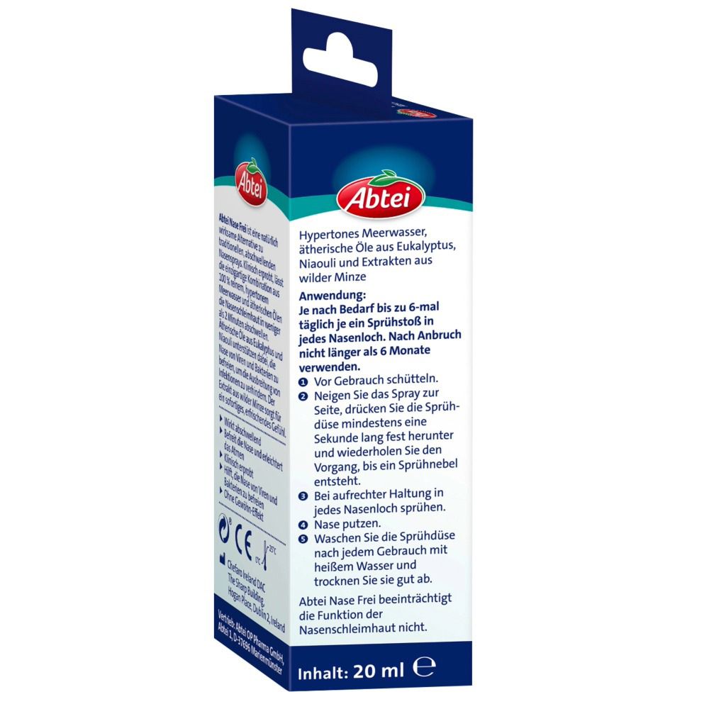 Seite der Abtei Nase Frei Verpackung. Informationen zur Anwendung. Enthält Dosierung und Gebrauchsanweisung.