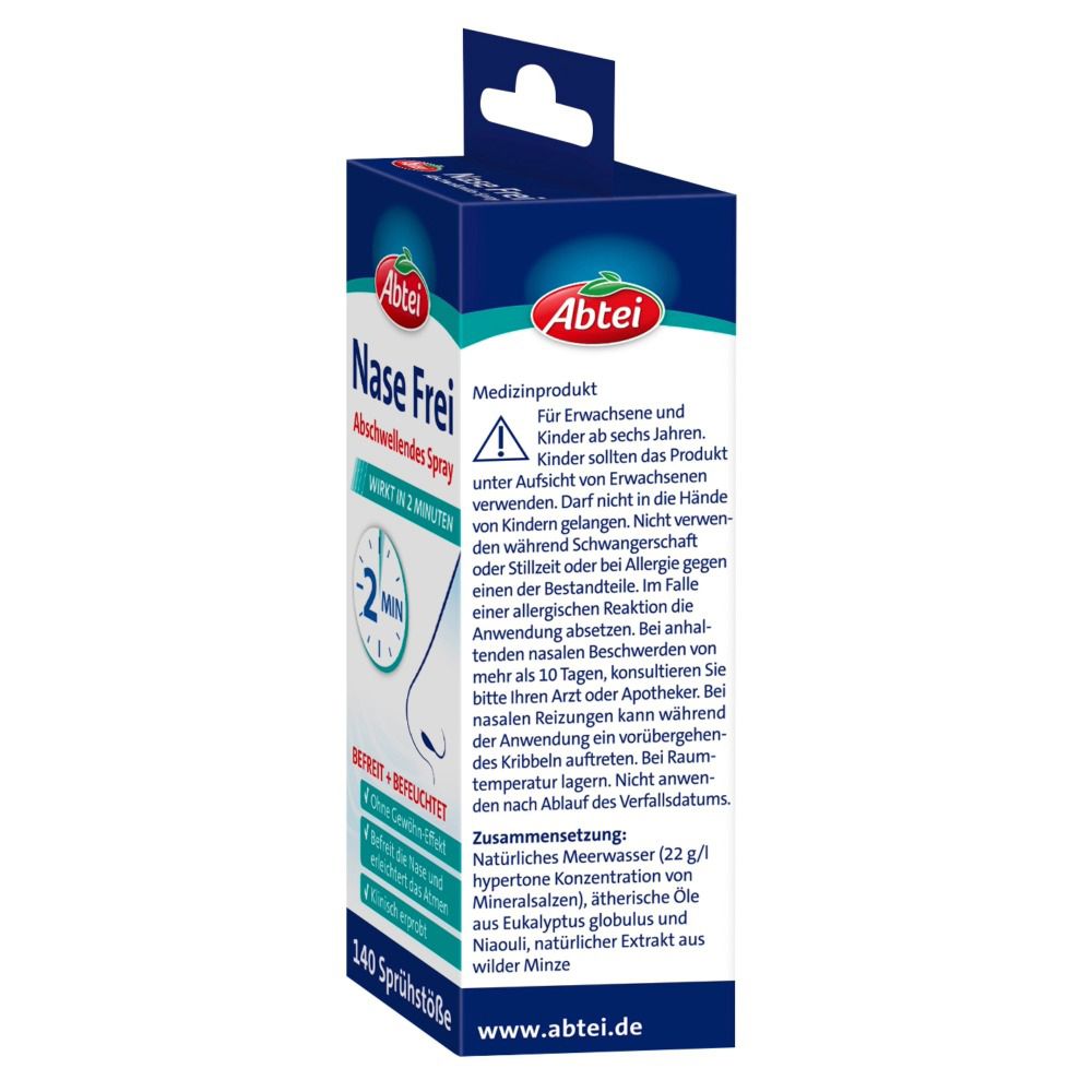 Seite der Abtei Nase Frei Verpackung. Medizinprodukt-Informationen. Enthält Warnhinweise und Inhaltsstoffe.