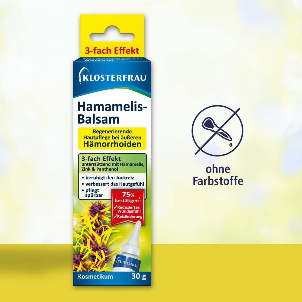 Klosterfrau Hamamelis-Balsam. Verpackung mit Produkt und Produktinformationen. 3-fach Effekt. Ohne Farbstoffe.