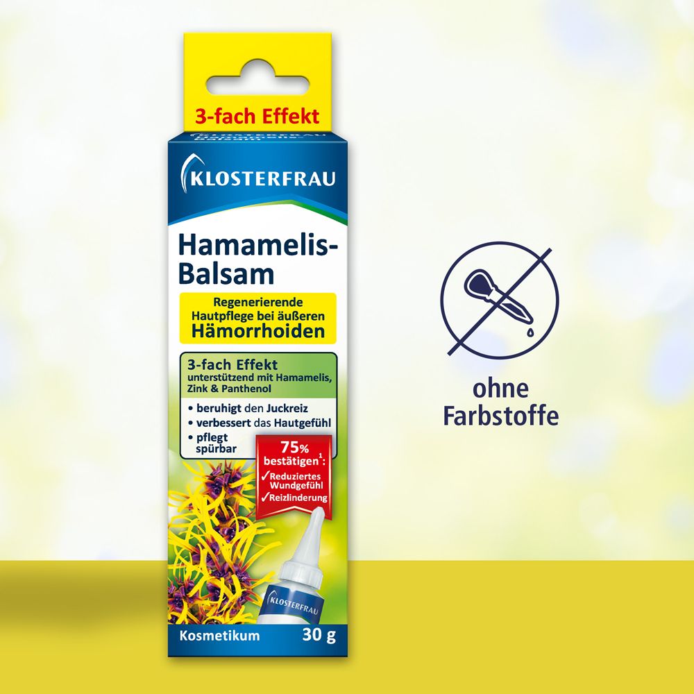 Klosterfrau Hamamelis-Balsam. Verpackung mit Produkt und Applikator. 3-fach Effekt. Ohne Farbstoffe. 30g.