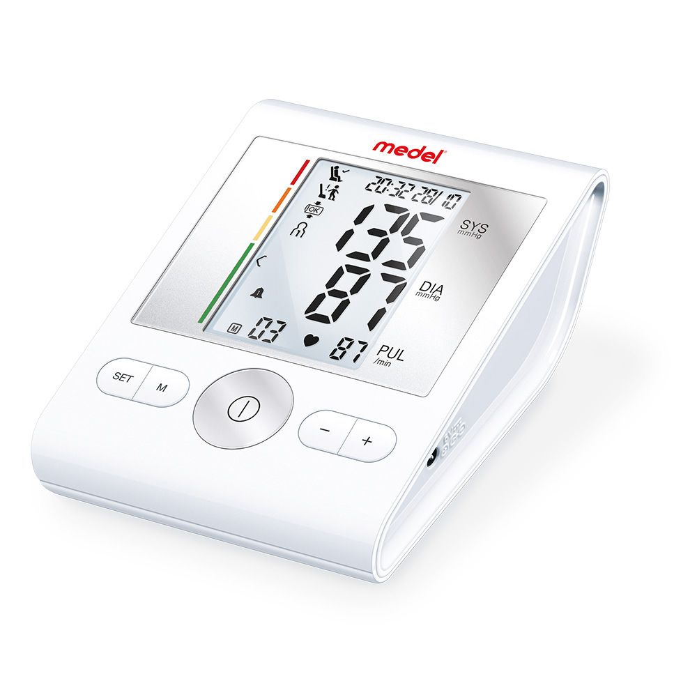 Weißes medel® Sense Blutdruckmessgerät mit Display. Zeigt Messwerte an. Knöpfe unten.