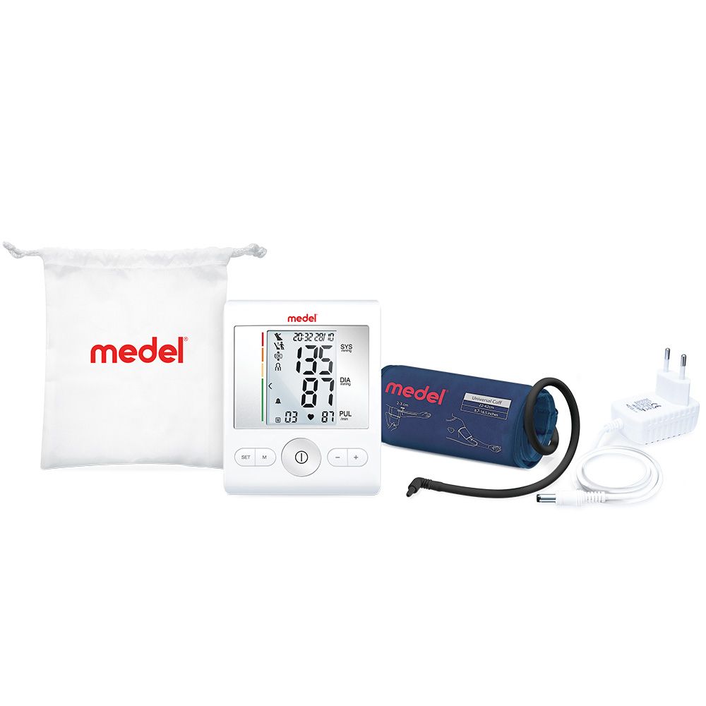 Medel® Sense Blutdruckmessgerät, Manschette, Beutel, Netzteil. Gerät mit Display, Messwerten.