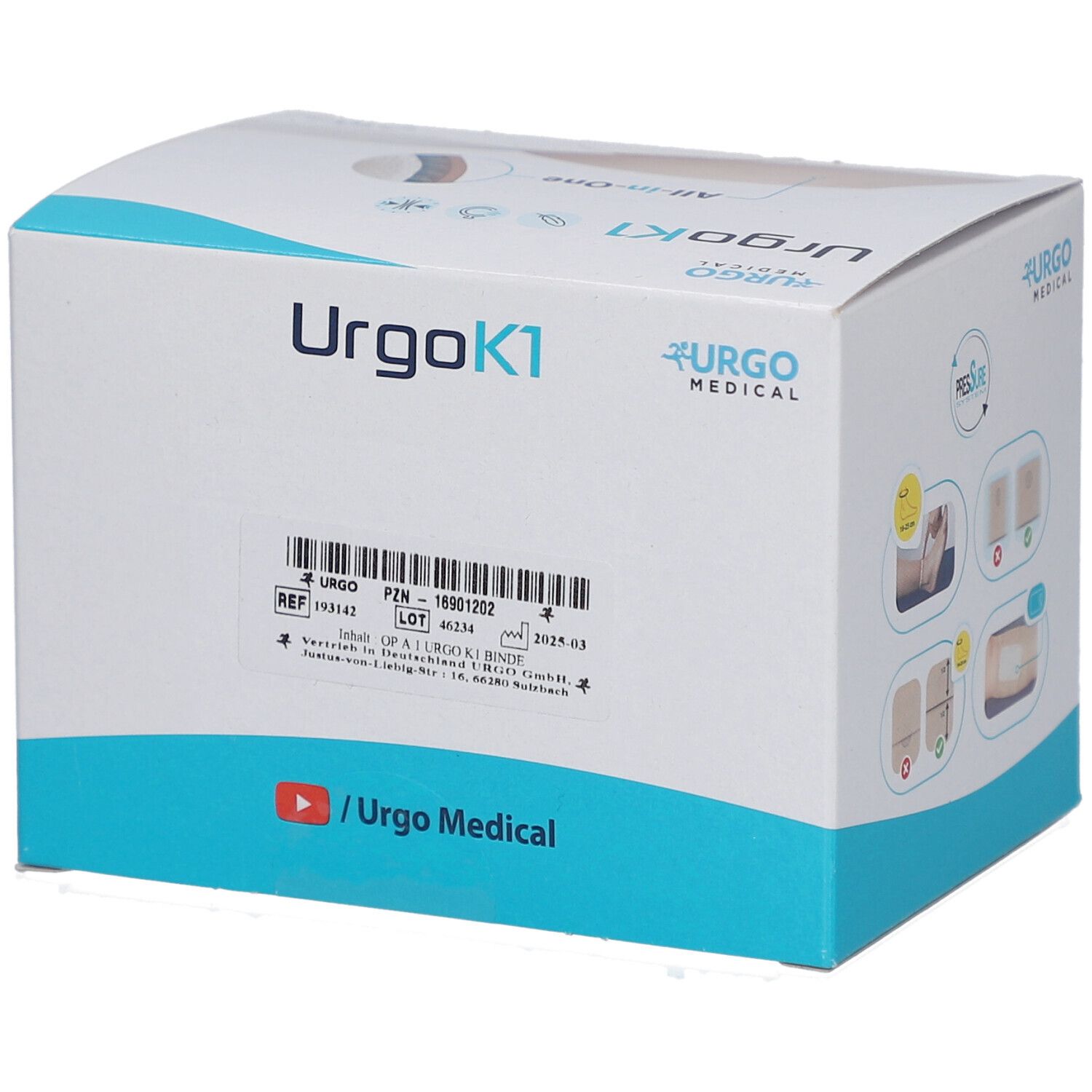Karton von UrgoK1. Enthält Produktinformationen, Chargennummer und QR-Code. Mit Logo von Urgo Medical.