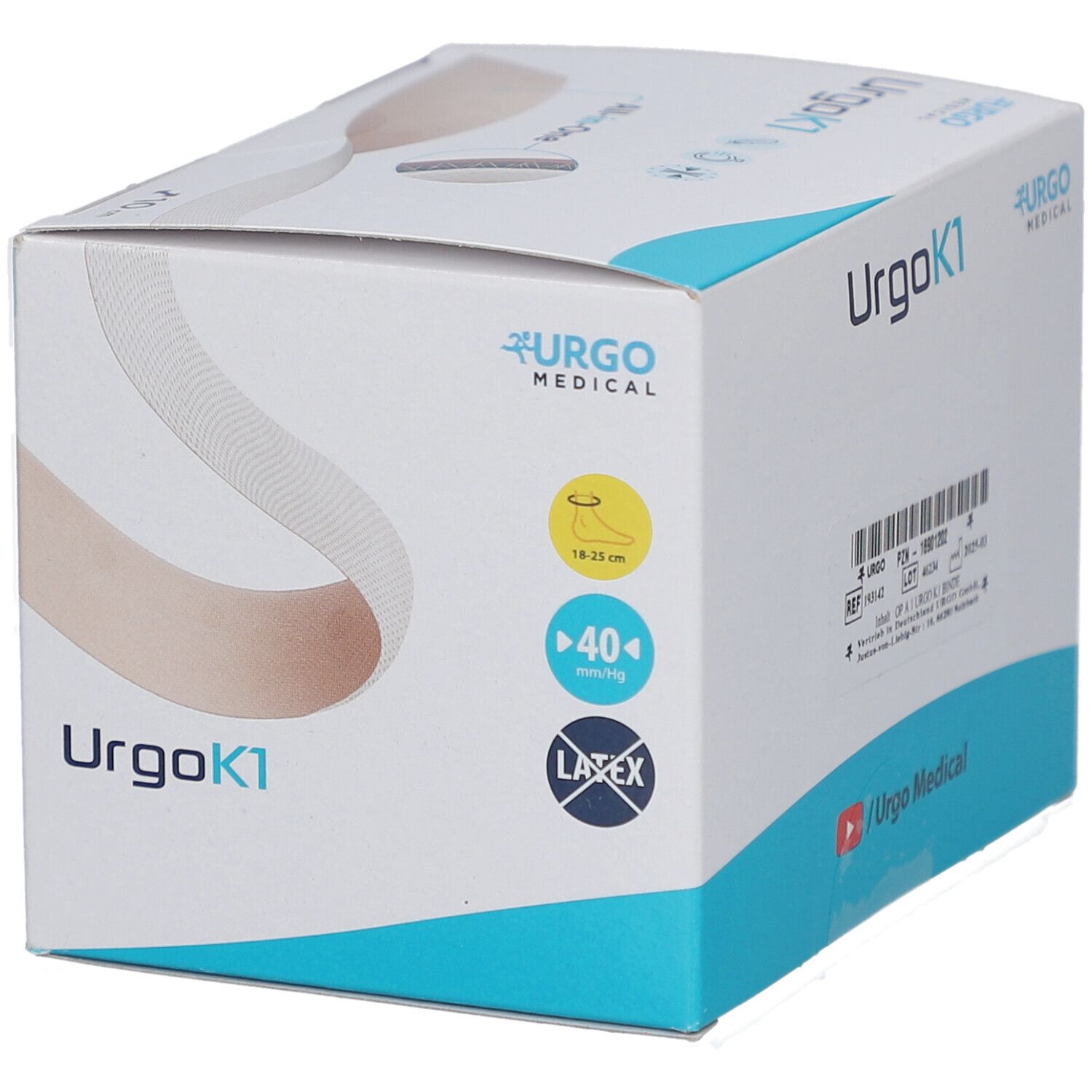 Karton von UrgoK1. Zeigt Informationen zu Knöchelumfang und Druck. Mit Logo von Urgo Medical.