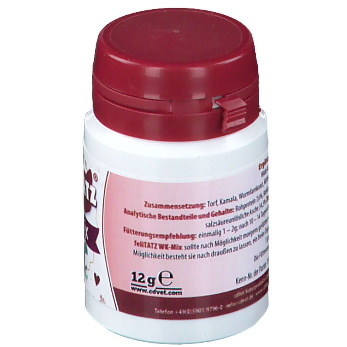 Weiße Dose mit bordeauxrotem Deckel. Aufschrift: feli-TATZ WK-Mix. Text über Inhaltsstoffe und Fütterungsempfehlung. 12g.