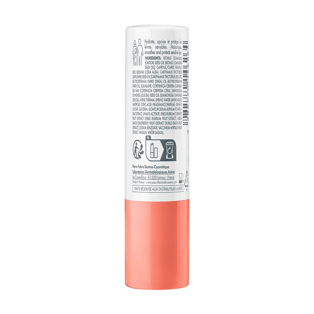 Avène Lippenpflegestift, Rückseite mit Inhaltsstoffen und Symbolen für Recycling und Anwendung.